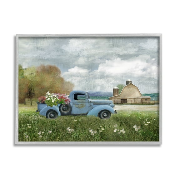 Stupell Industries Vintage Blue Truck Flower Bouquet Cloudy Sky Farmhouse Graphic Art Gray Framed Art Print Wall Art, 20x16, by Nan