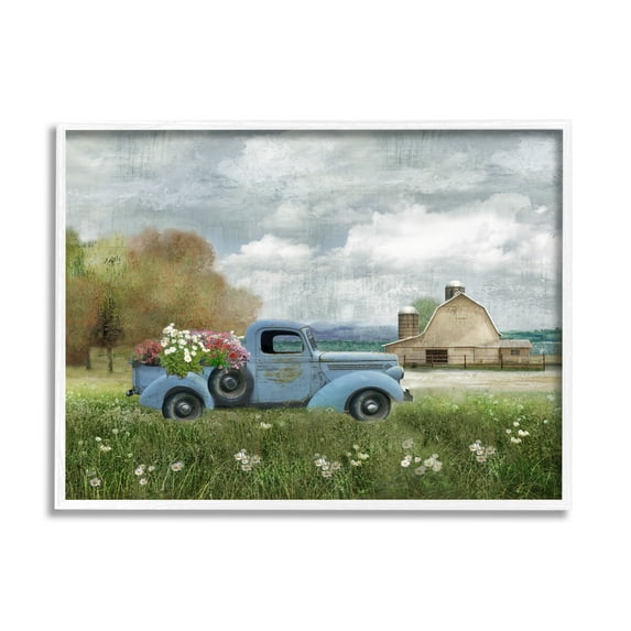 Stupell Industries Vintage Blue Truck Flower Bouquet Cloudy Sky Farmhouse Graphic Art White Framed Art Print Wall Art, 30x24, by Nan