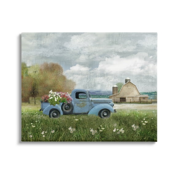 Stupell Industries Vintage Blue Truck Flower Bouquet Cloudy Sky Farmhouse Farmhouse Painting Gallery-Wrapped Canvas Print Wall Art, 48 x 36, Design by Nan