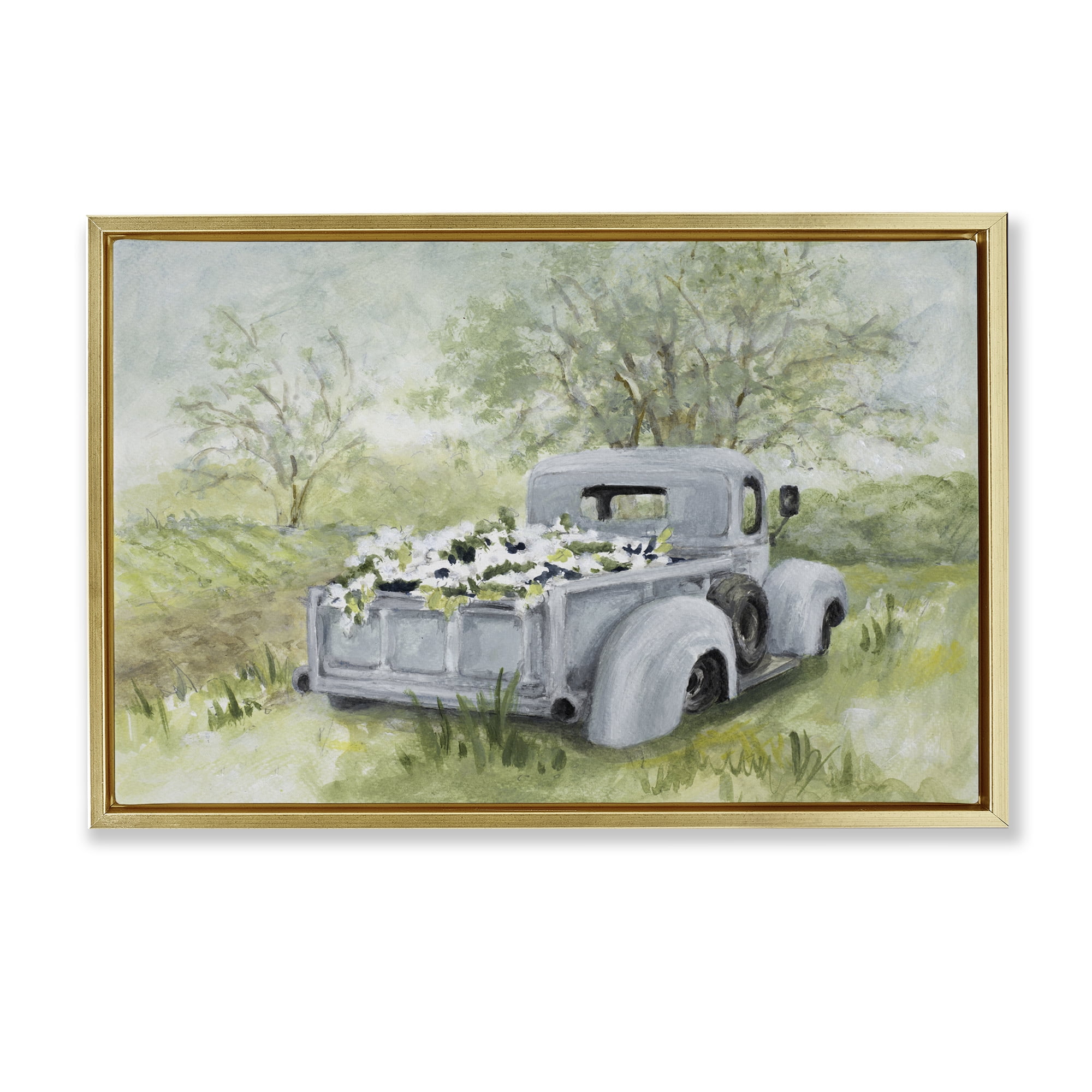 Stupell Industries Vintage Blue Truck Flower Sale Gold Framed Floater Canvas Wall Art, design by Lanie Loreth