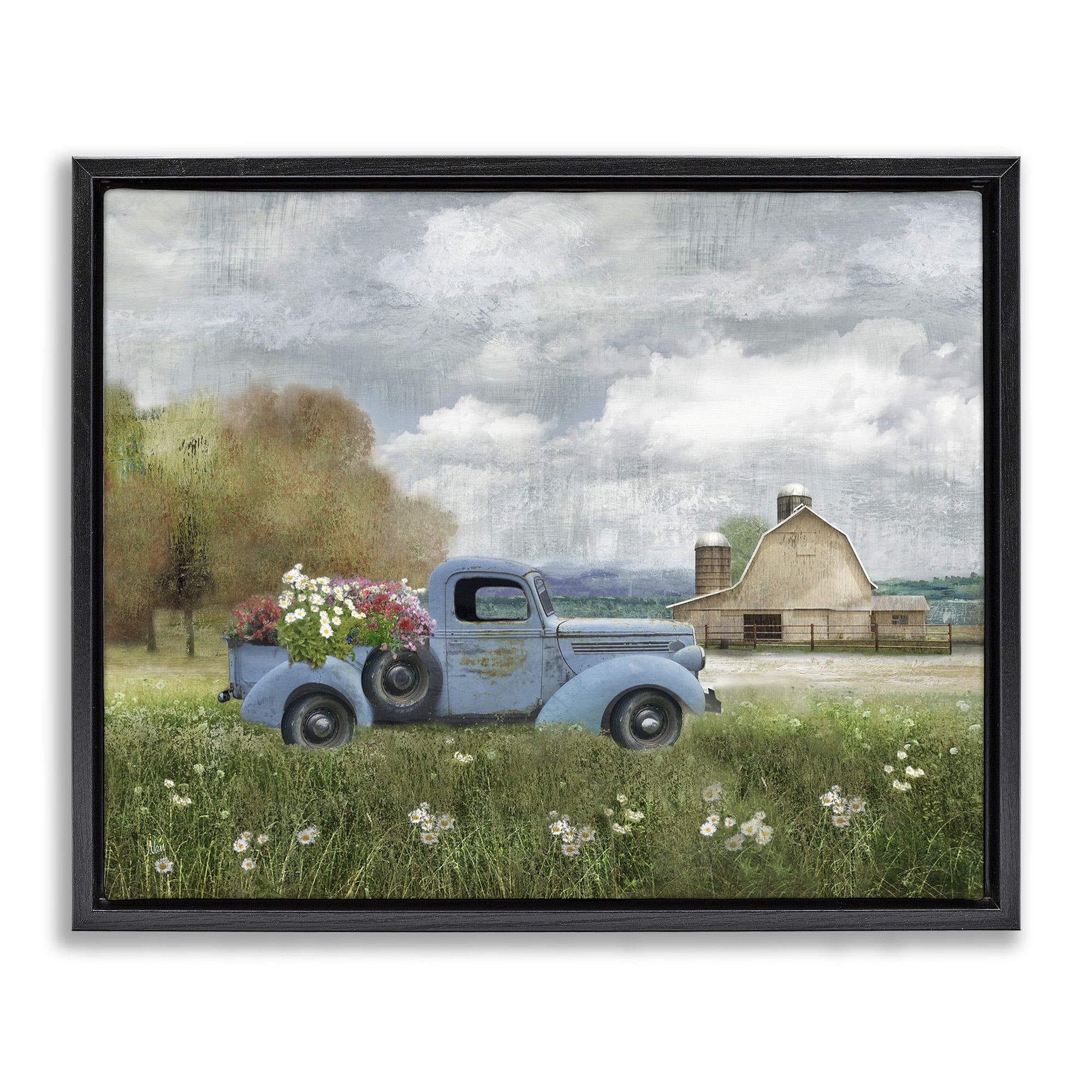 Stupell Industries Vintage Blue Truck in Meadow Landscape Painting Black Floater Framed Canvas Art Print Wall Art, 31 x 25