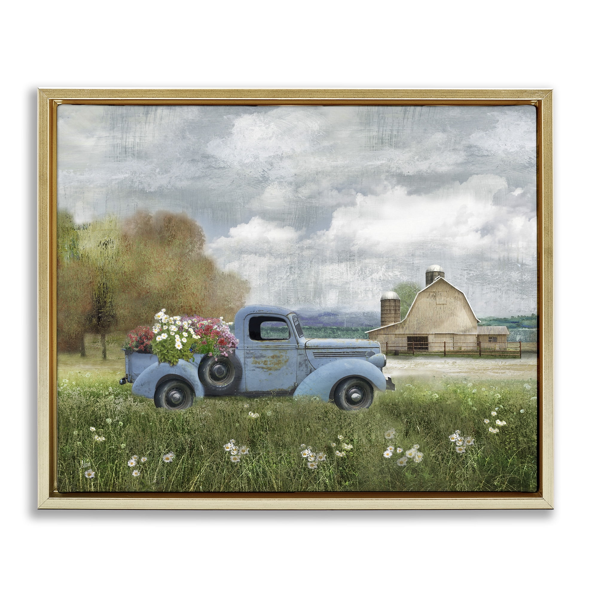 Stupell Industries Vintage Blue Truck in Meadow Landscape Painting Gold Floater Framed Canvas Art Print Wall Art, 21 x 17