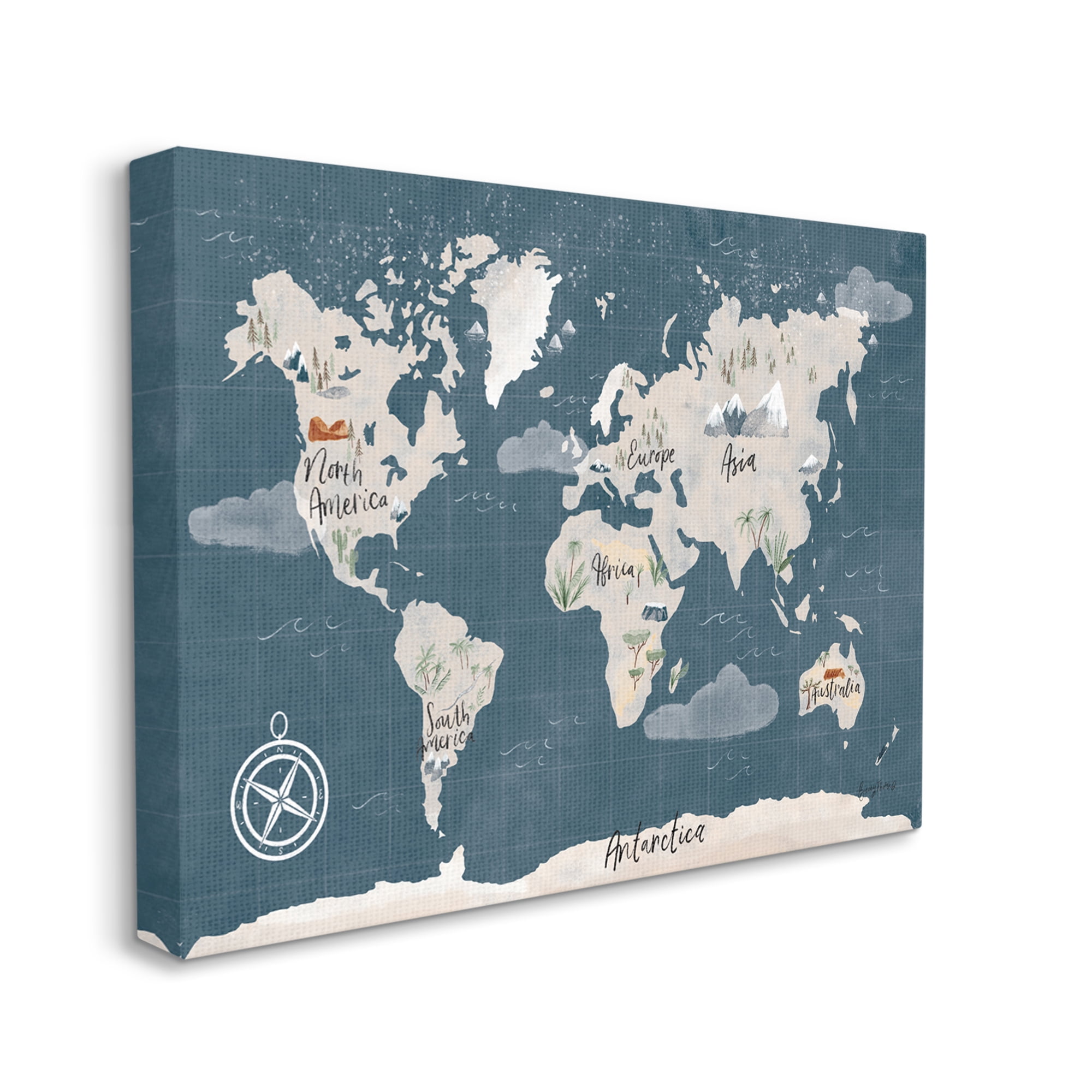Stupell Industries Vintage Blue World Map Nautical Cloud Details Canvas Wall Art by Becky Thorns