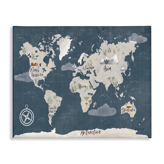 Stupell Industries Traditional World Map Nautical Cloud Details Canvas Art, 48 x 36, by Becky Thorns
