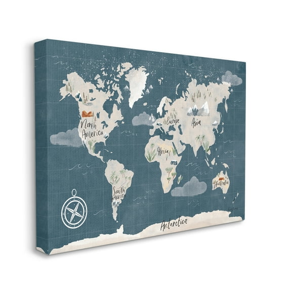 Stupell Industries Vintage Blue World Map Nautical Cloud Details Canvas Wall Art by Becky Thorns