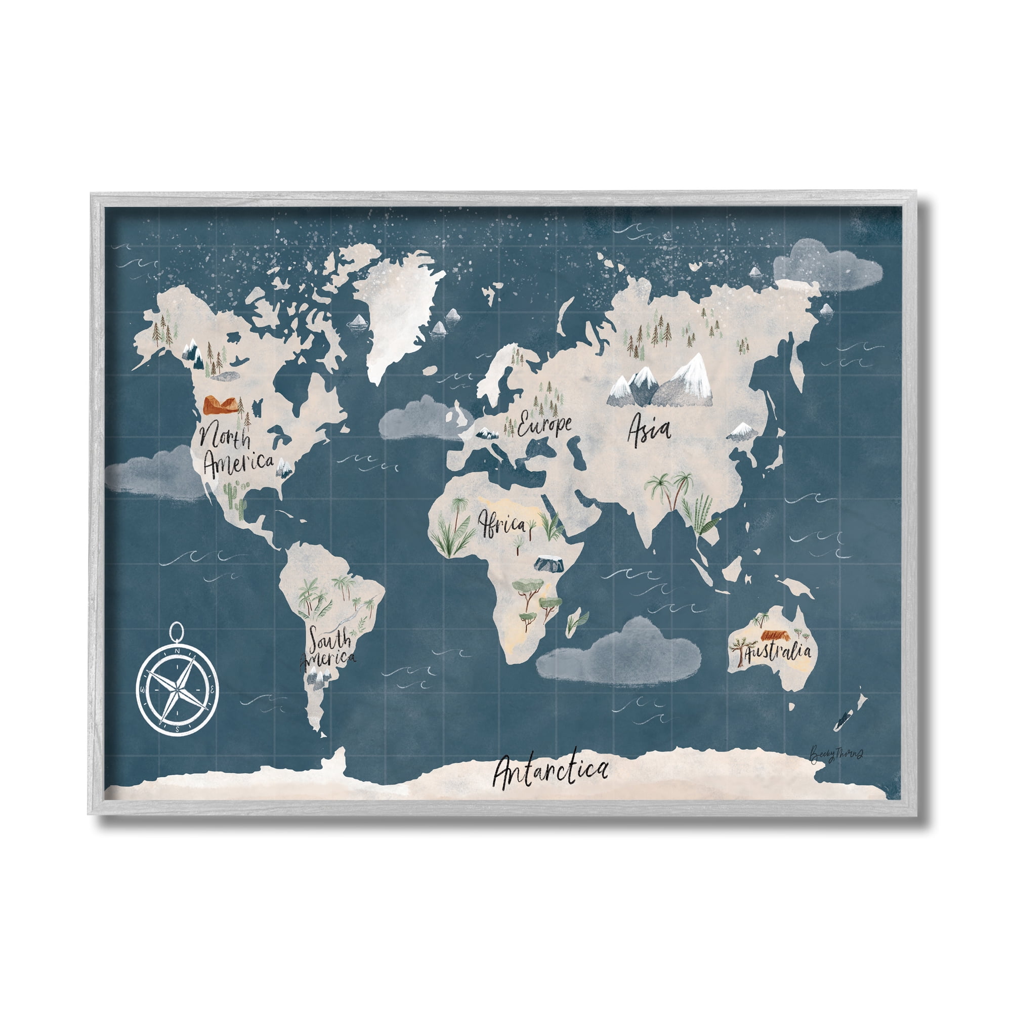 Stupell Industries Vintage Blue World Map Nautical Cloud Details Gray Framed by Becky Thorns
