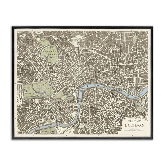 Stupell Industries Vintage Blueprint Plant of London Map Painting Black Framed Art Print Wall Art, 14 x 11