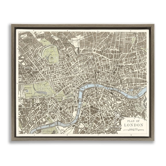 Stupell Industries Vintage Blueprint Plant of London Map Painting Brown Floater Framed Canvas Art Print Wall Art, 21 x 17