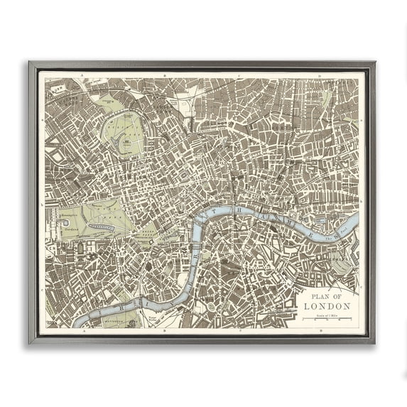 Stupell Industries Vintage Blueprint Plant of London Map Painting Gray Floater Framed Canvas Art Print Wall Art, 21 x 17