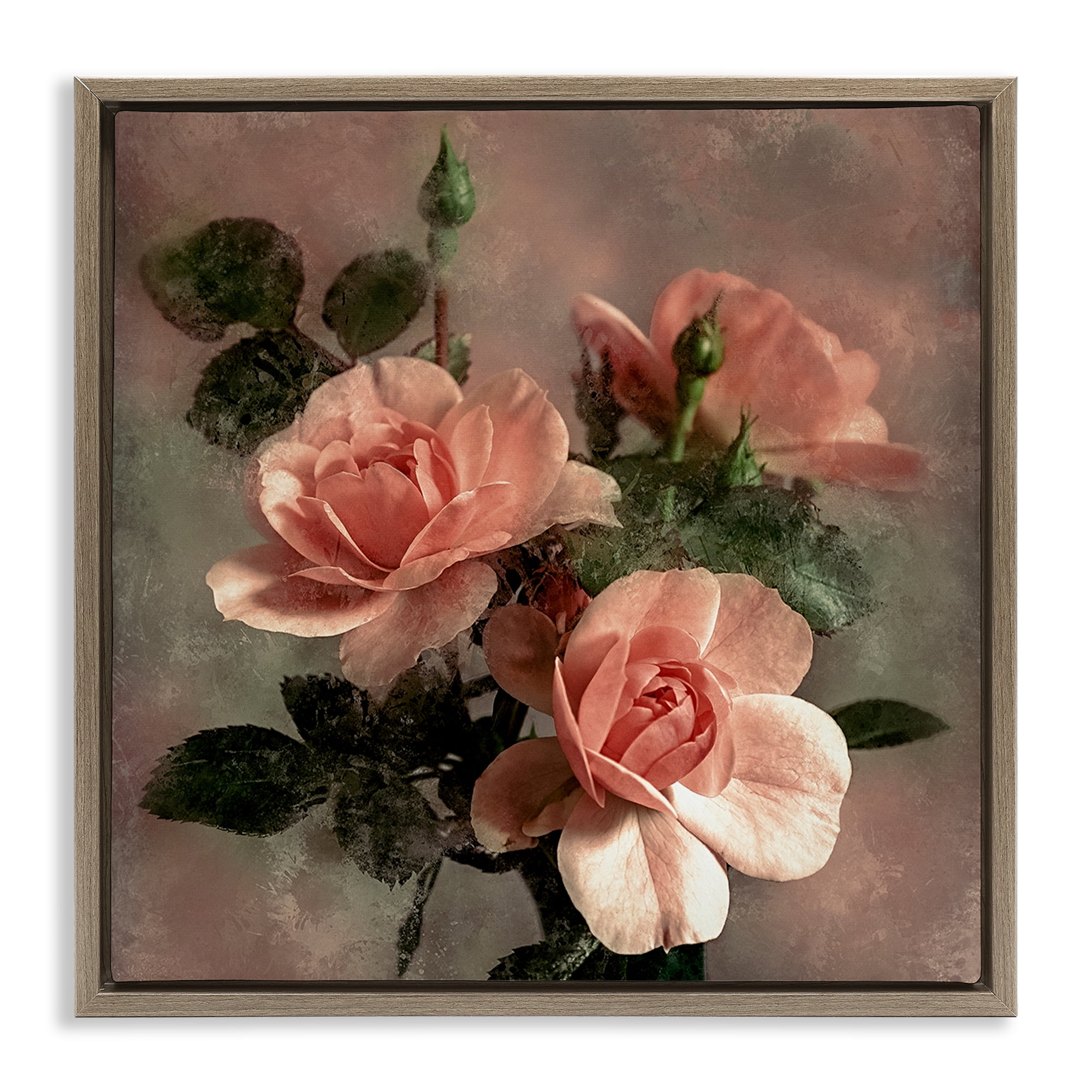 Stupell Industries Vintage Blush Petals Plants & Flowers Painting Brown Floater Framed Canvas Art Print Wall Art, 25 x 25
