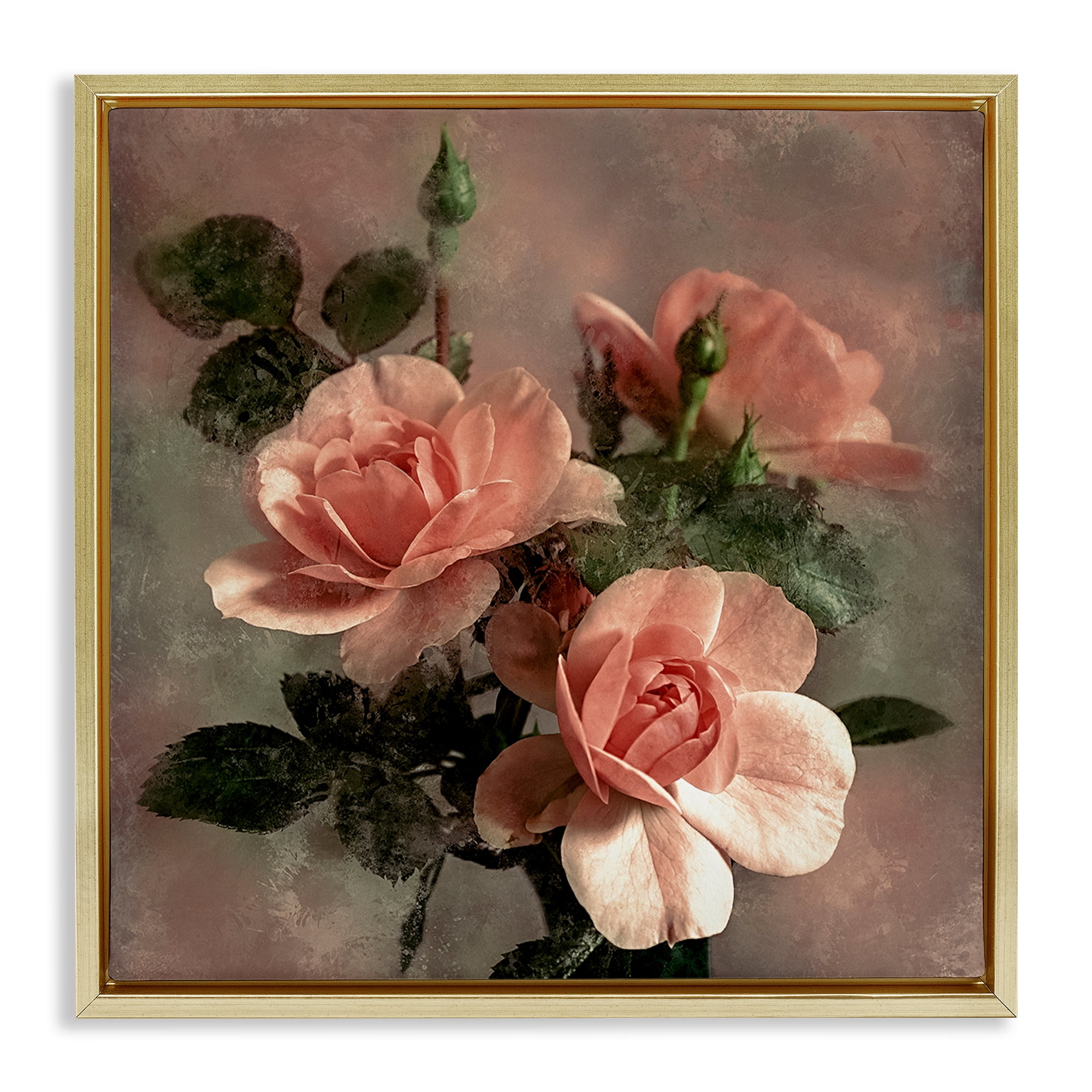 Stupell Industries Vintage Blush Petals Plants & Flowers Painting Gold Floater Framed Canvas Art Print Wall Art, 18 x 18