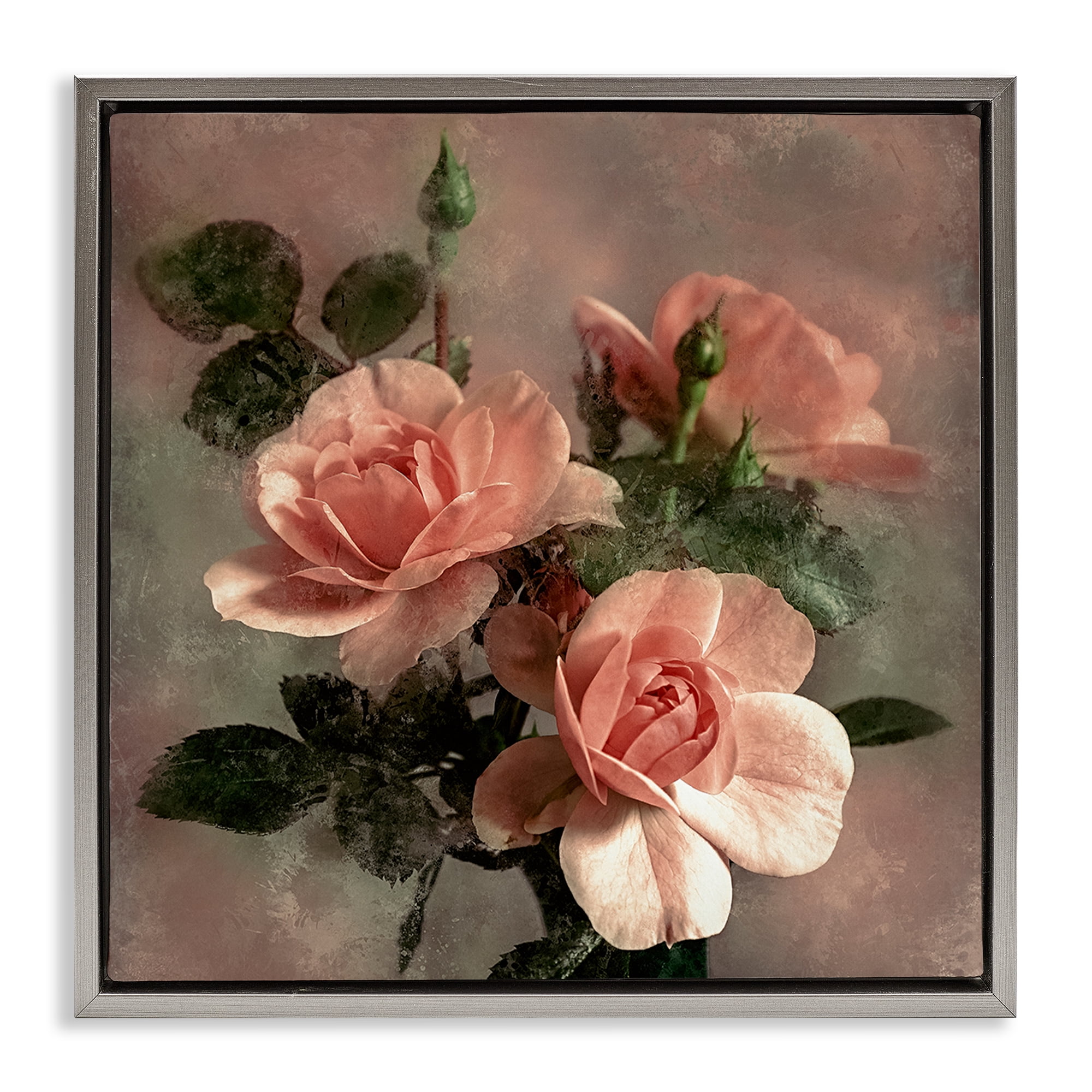 Stupell Industries Vintage Blush Petals Plants & Flowers Painting Gray Floater Framed Canvas Art Print Wall Art, 25 x 25