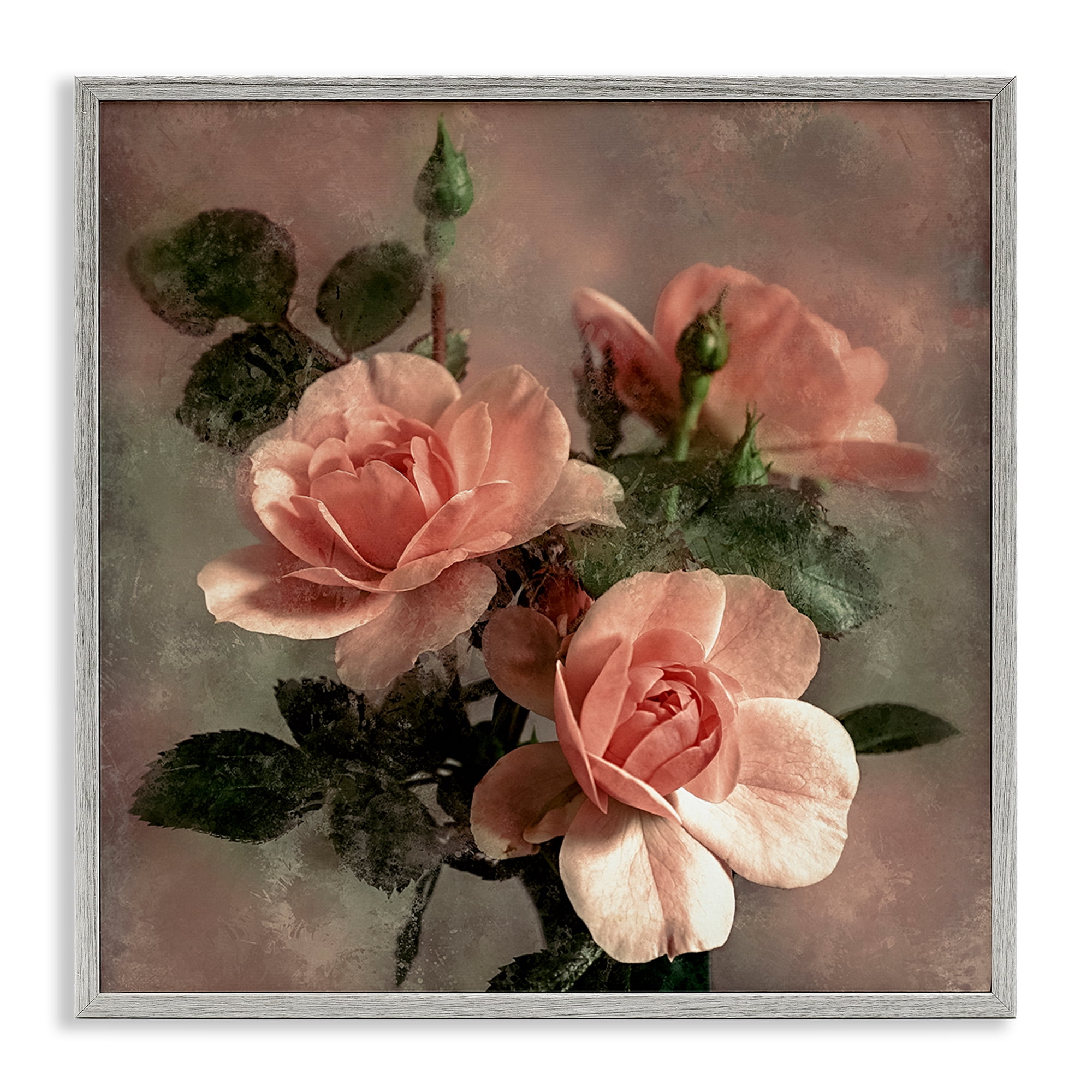 Stupell Industries Vintage Blush Petals Plants & Flowers Painting Gray Framed Art Print Wall Art, 24 x 24