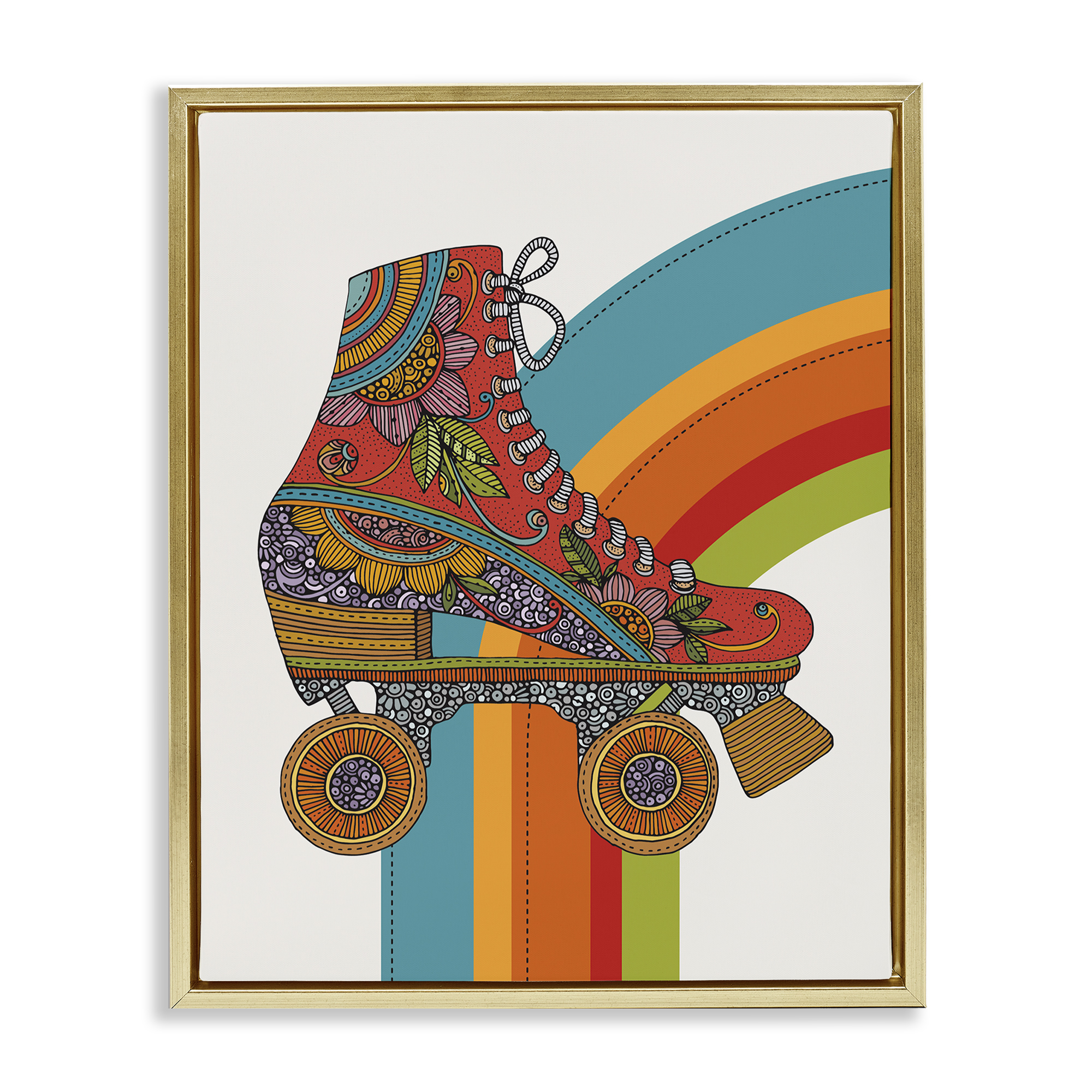 Stupell Industries Vintage Boho Roller Skate Entertainment Painting Gold Floater Framed Canvas Art Print Wall Art, 17 x 21