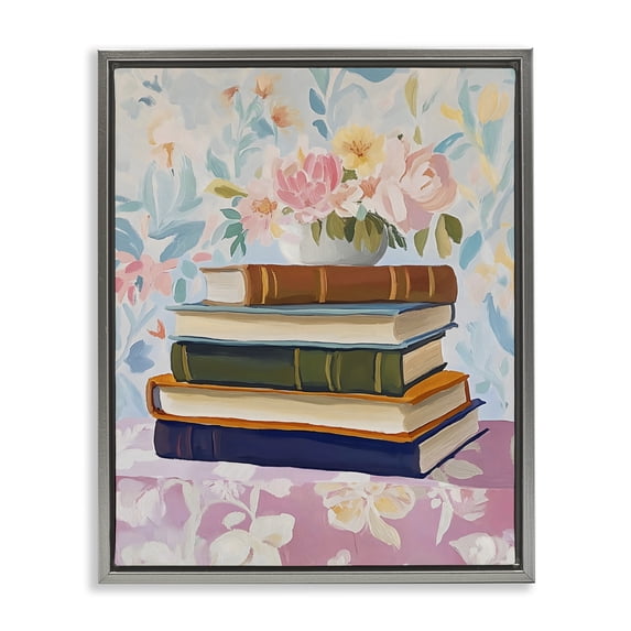 Stupell Industries Cottage Vintage Books & Florals Gray Floating Frame Canvas Art, 25 x 31, by The Prints Vibe