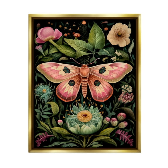 Stupell Industries Vintage Botanical Moth Animals & Insects Painting Gold Floater Framed Canvas Art Print Wall Art, 25 x 31