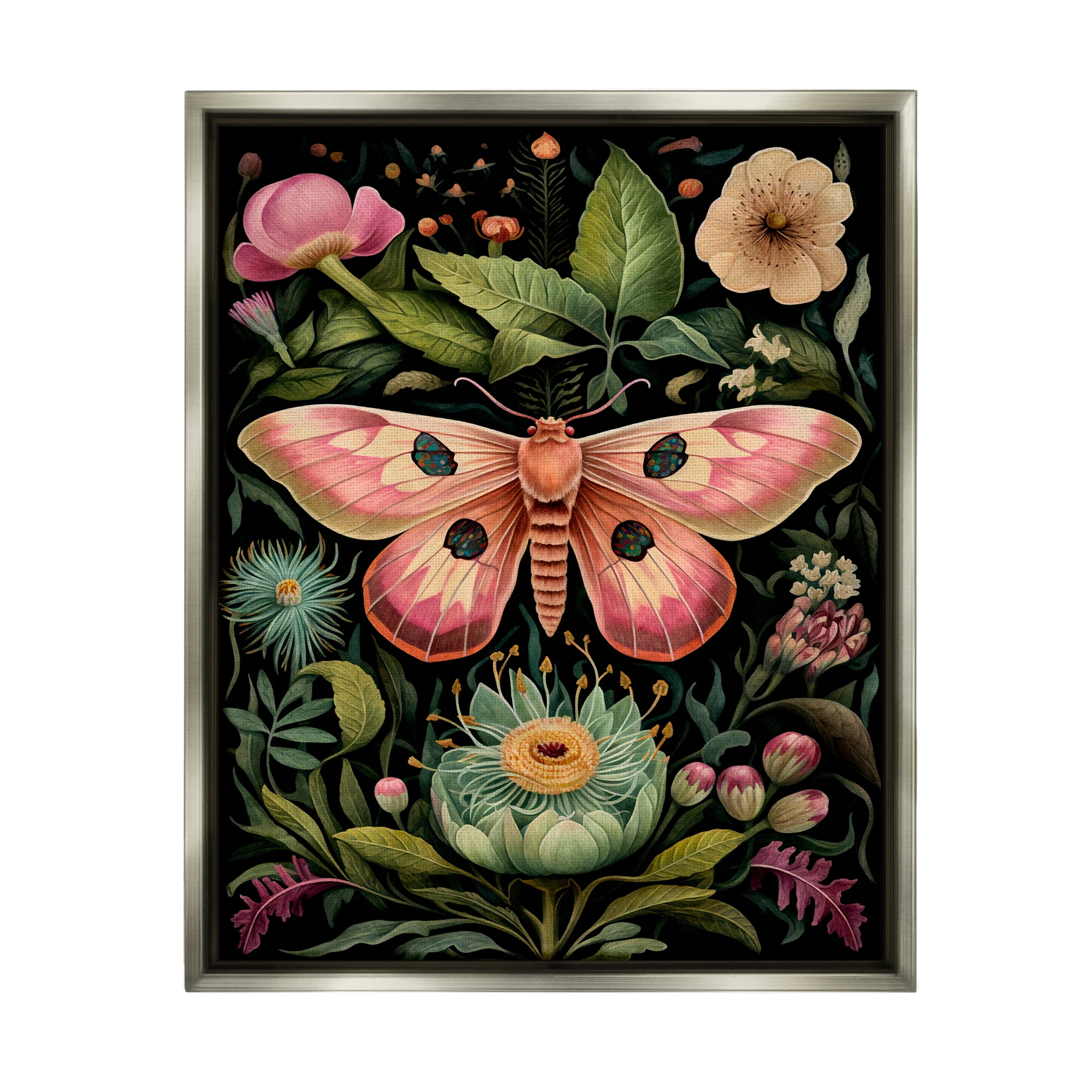 Stupell Industries Vintage Botanical Moth Animals & Insects Painting Gray Floater Framed Canvas Art Print Wall Art, 17 x 21