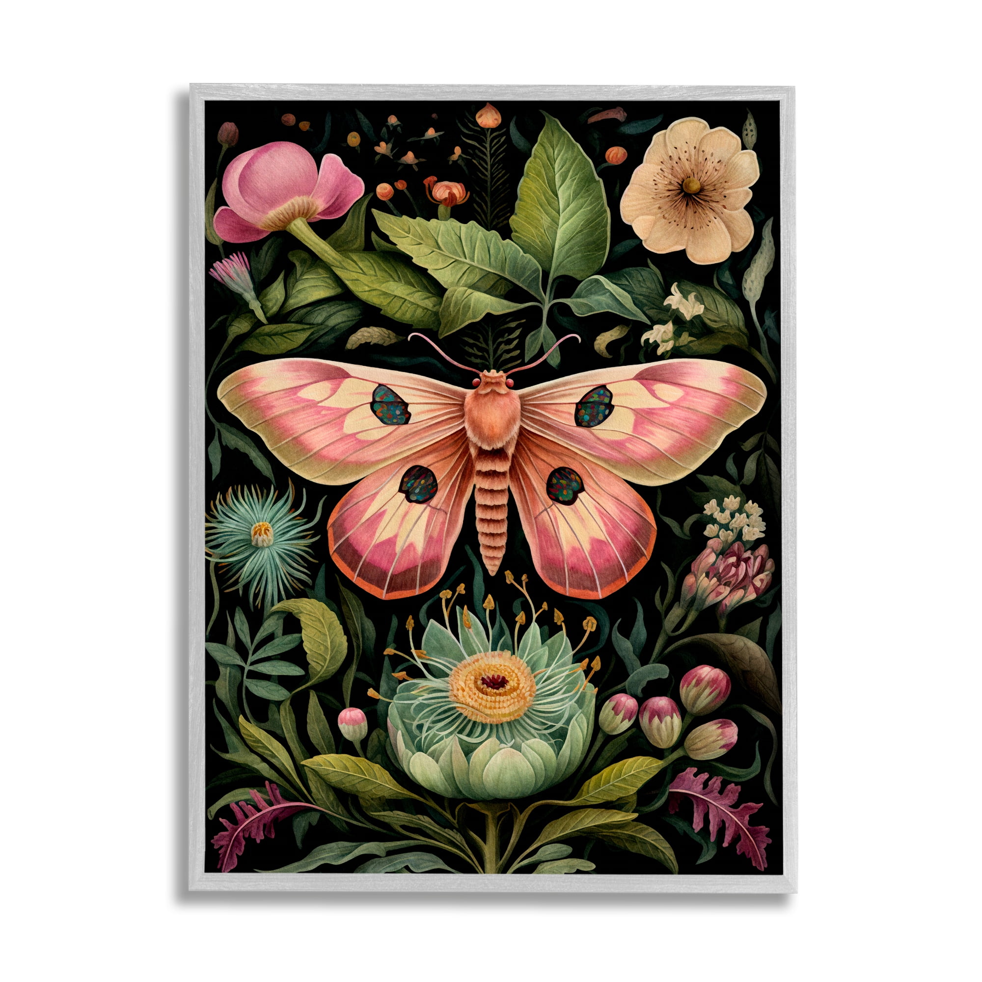 Stupell Industries Vintage Botanical Moth Animals & Insects Painting Gray Framed Art Print Wall Art, 11 x 14