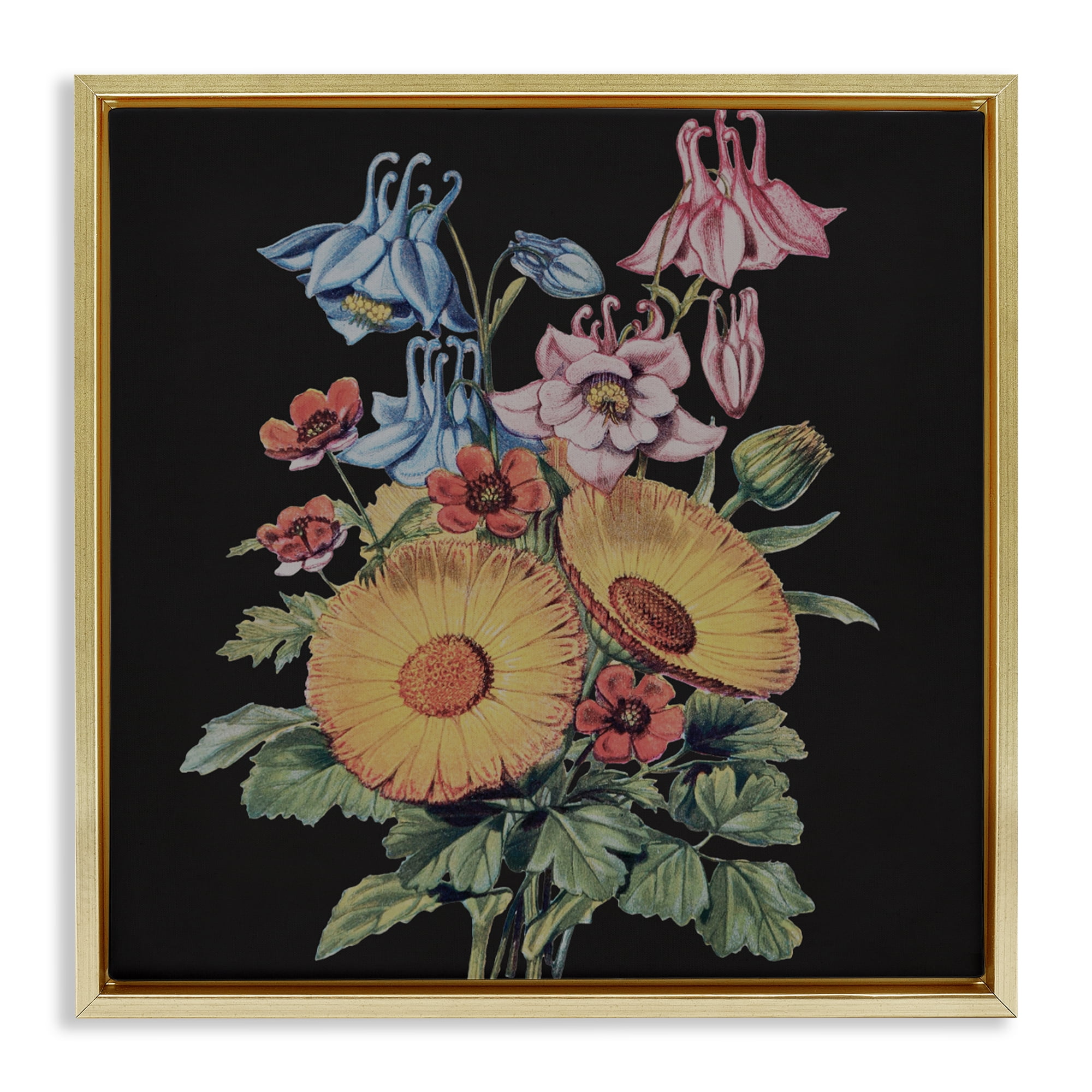 Stupell Industries Vintage Bouquet Study on Black Gold Framed Floater Canvas Wall Art, design by Dan Meneely