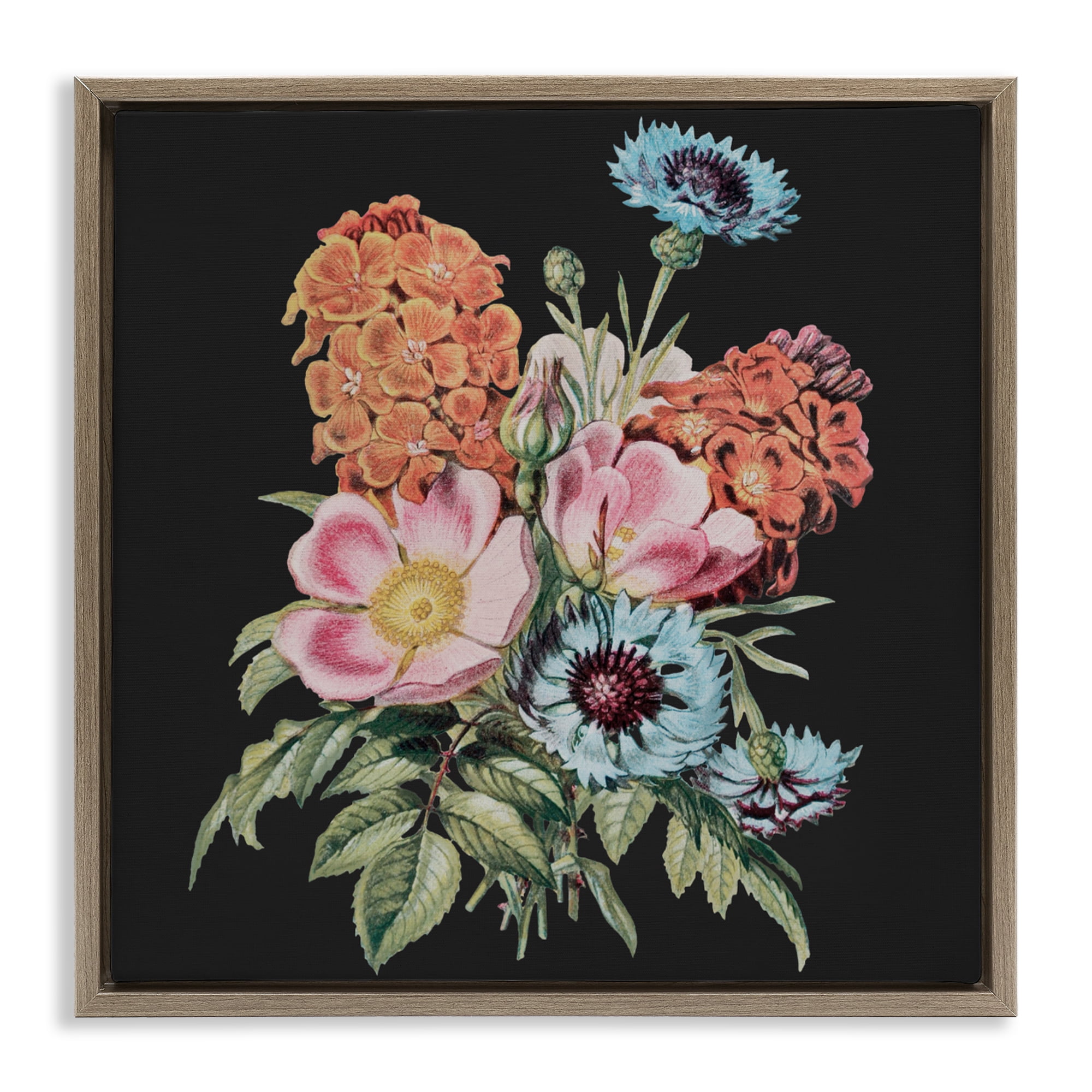 Stupell Industries Vintage Bouquet Study over Black Brown Framed Floater Canvas Wall Art, design by Dan Meneely