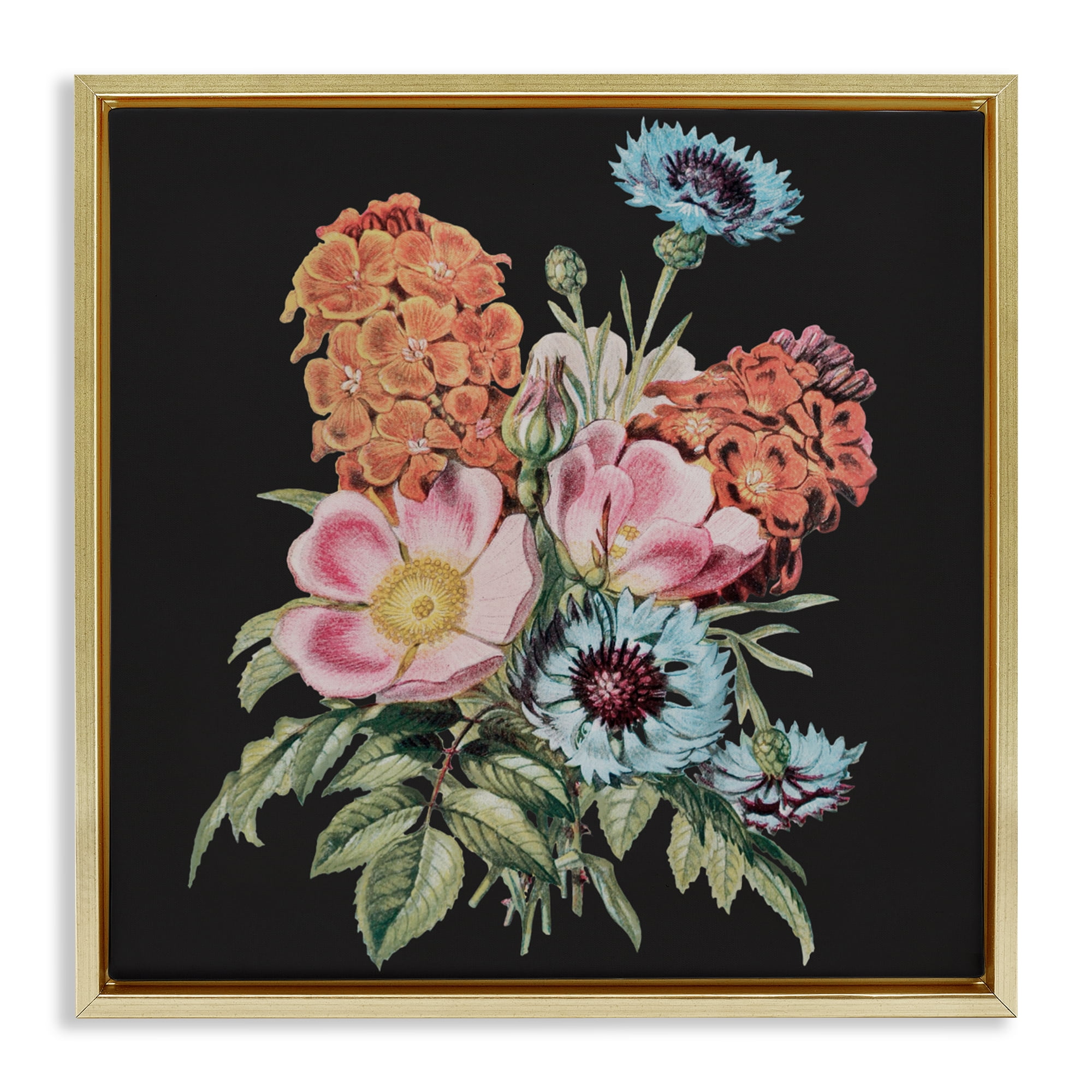 Stupell Industries Vintage Bouquet Study over Black Gold Framed Floater Canvas Wall Art, design by Dan Meneely