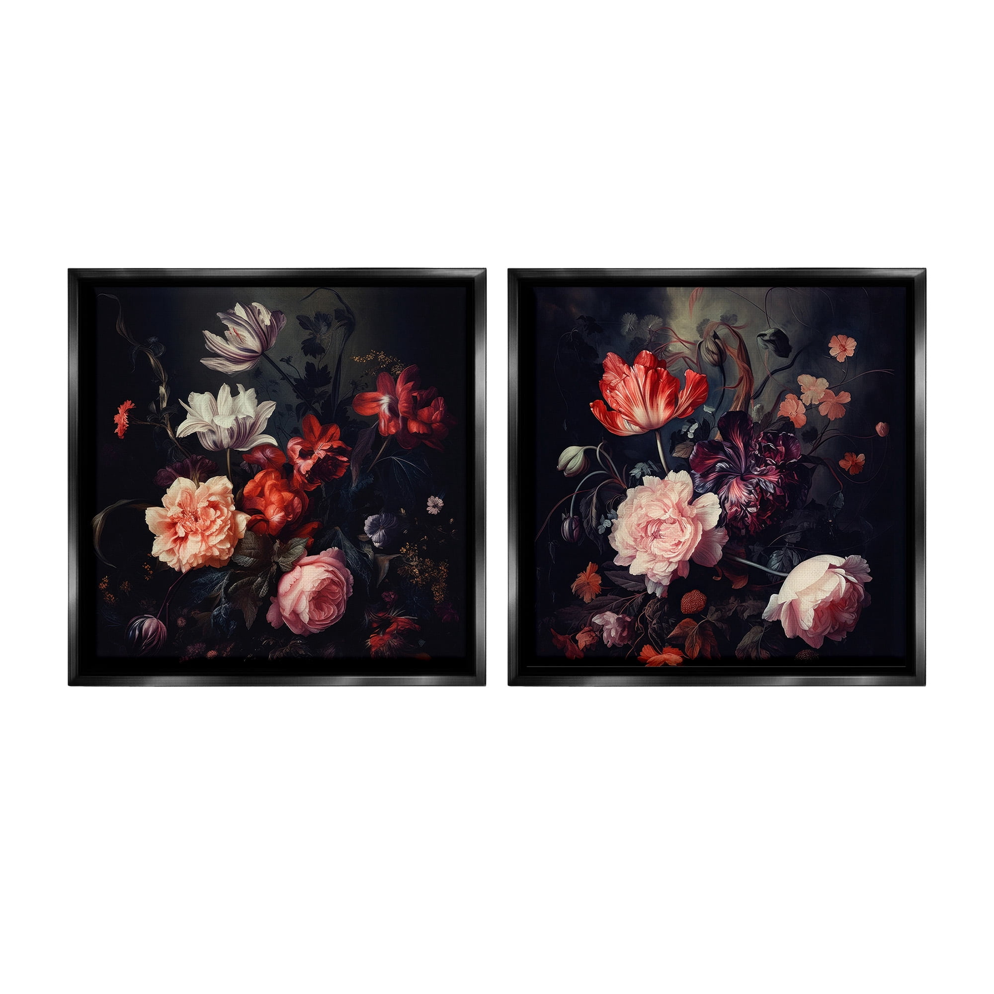 Stupell Industries Vintage Bouquet on Black Botanical & Floral Photography Black Floater Framed Canvas Art Print Wall Art, 18 x 18, Set of 2