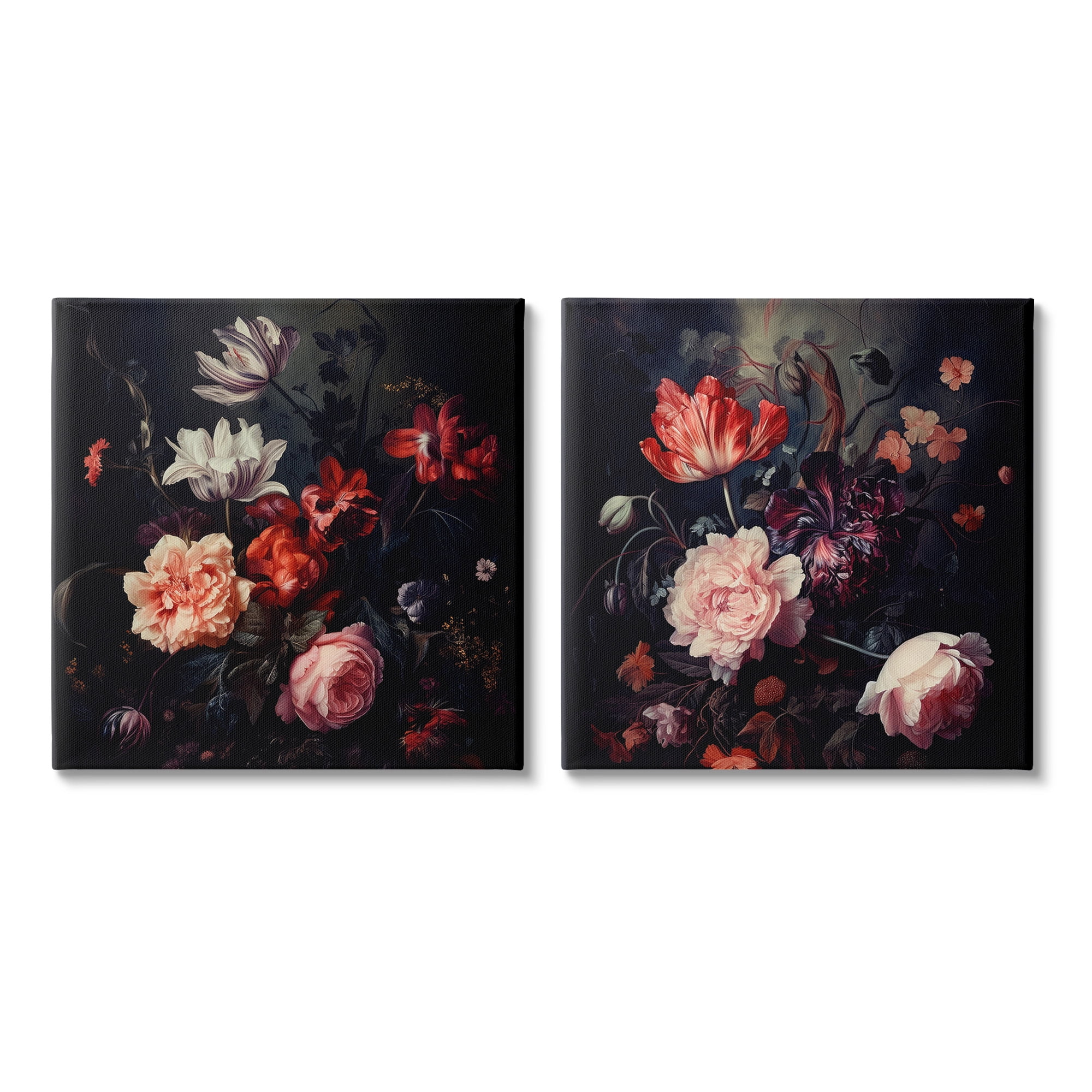 Vintage Floral Bouquet on Black Canvas Art Print Set, 17 x 17