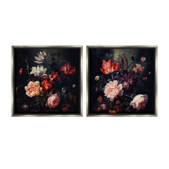 Stupell Industries Vintage Bouquet on Black Botanical & Floral Photography Gray Floater Framed Canvas Art Print Wall Art, 18 x 18, Set of 2