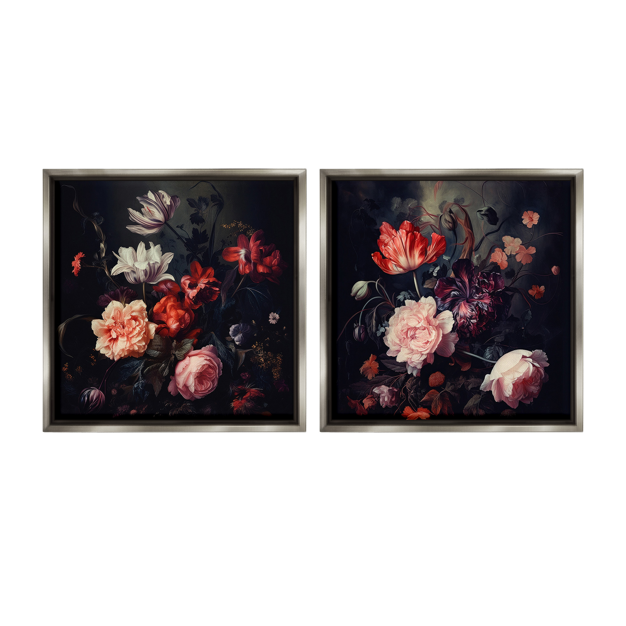 Stupell Industries Vintage Bouquet on Black Botanical & Floral Photography Gray Floater Framed Canvas Art Print Wall Art, 25 x 25, Set of 2
