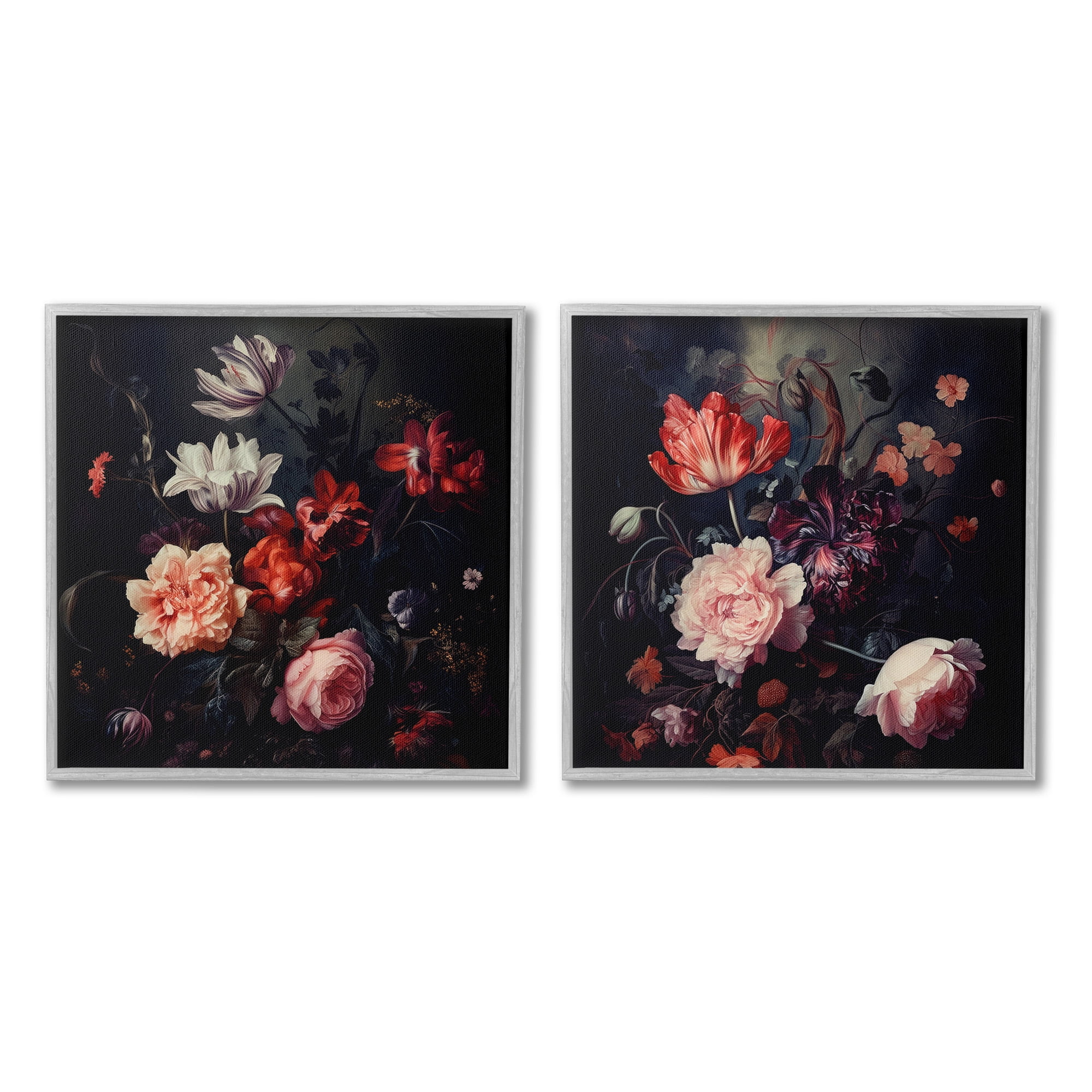 Stupell Industries Vintage Bouquet on Black Botanical & Floral Photography Gray Framed Art Print Wall Art, 17 x 17, Set of 2