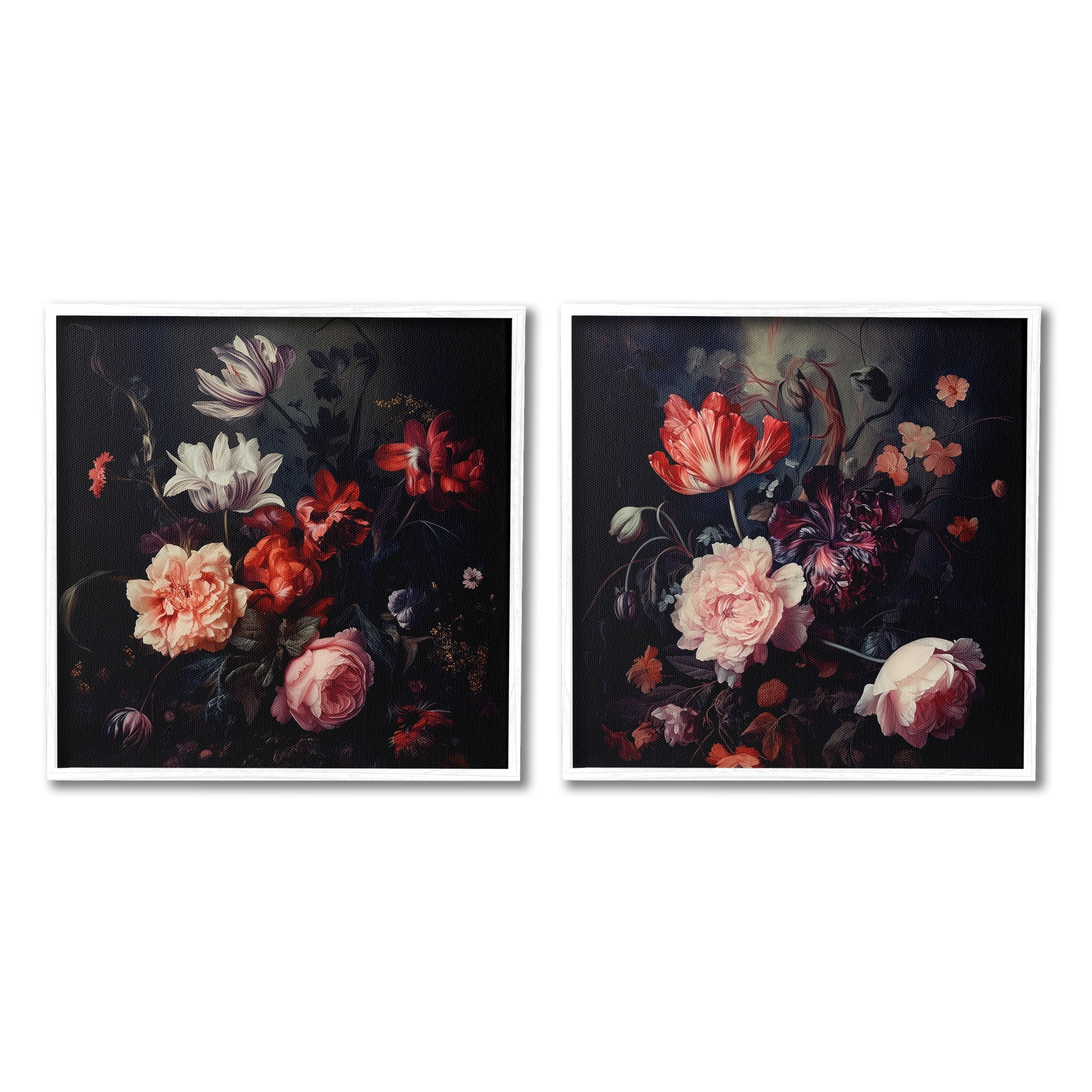 Stupell Industries Vintage Bouquet on Black Botanical & Floral Photography White Framed Art Print Wall Art, 24 x 24, Set of 2
