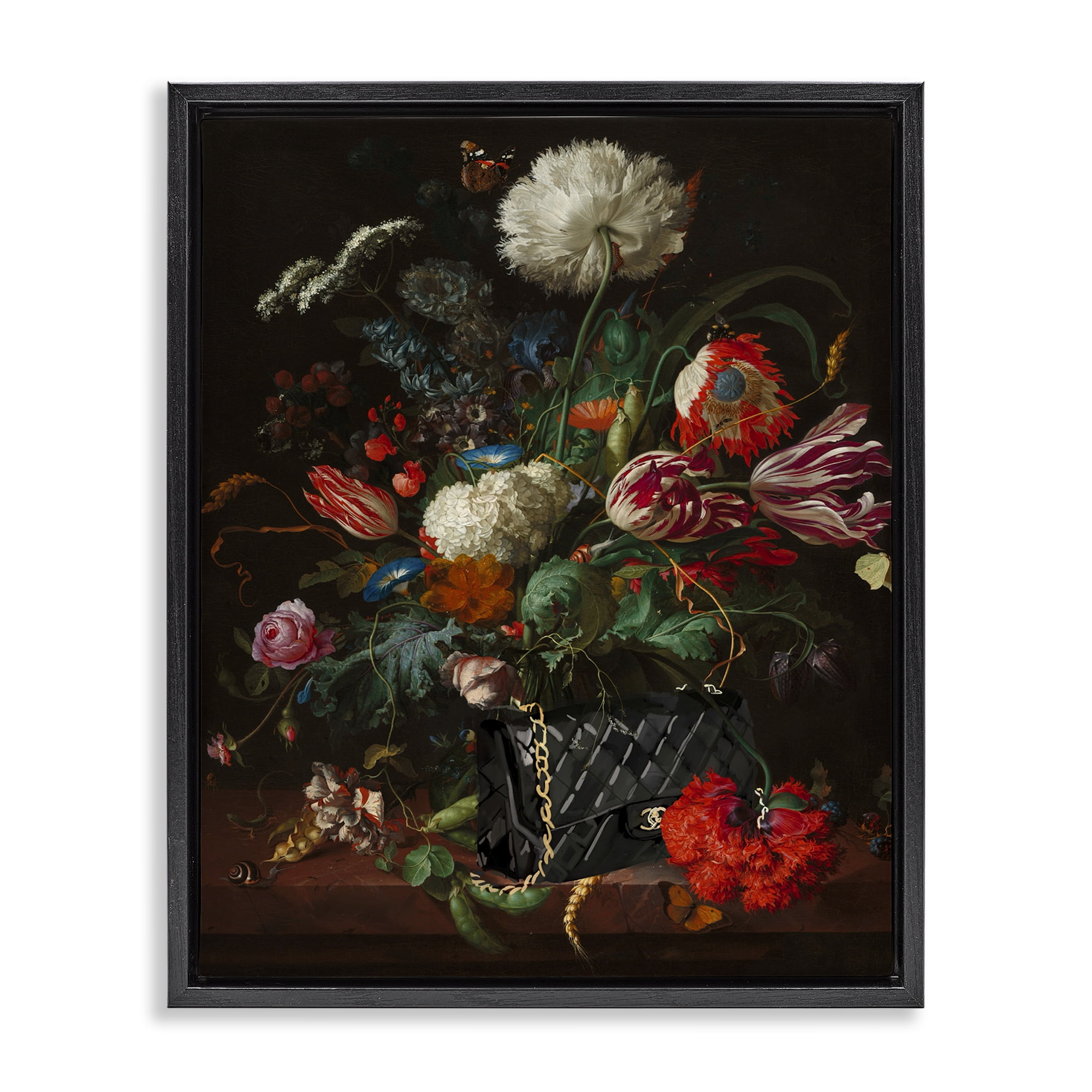 Stupell Industries Vintage Bouquet with Purse Botanical & Floral Painting Black Floater Framed Art Print Wall Art, 17 x 21