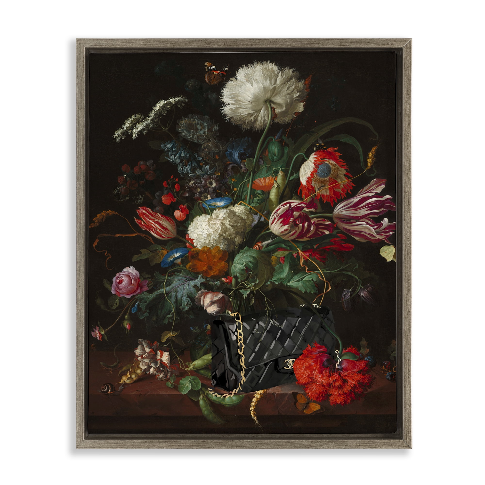 Stupell Industries Vintage Bouquet with Purse Botanical & Floral Painting Brown Floater Framed Art Print Wall Art, 17 x 21