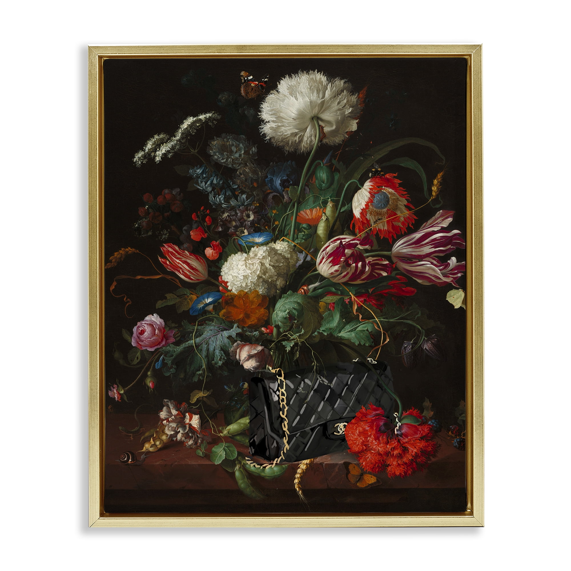 Stupell Industries Vintage Bouquet with Purse Botanical & Floral Painting Gold Floater Framed Art Print Wall Art, 17 x 21
