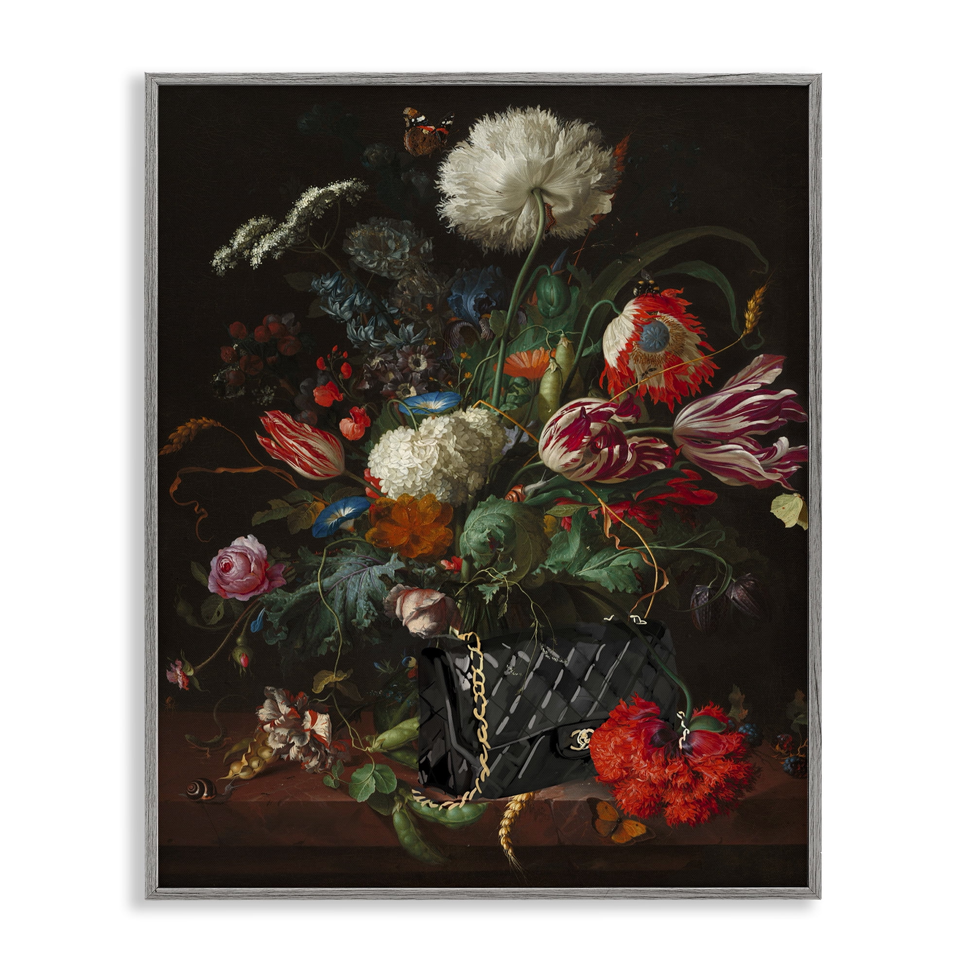 Stupell Industries Vintage Bouquet with Purse Botanical & Floral Painting Gray Framed Art Print Wall Art, 16 x 20