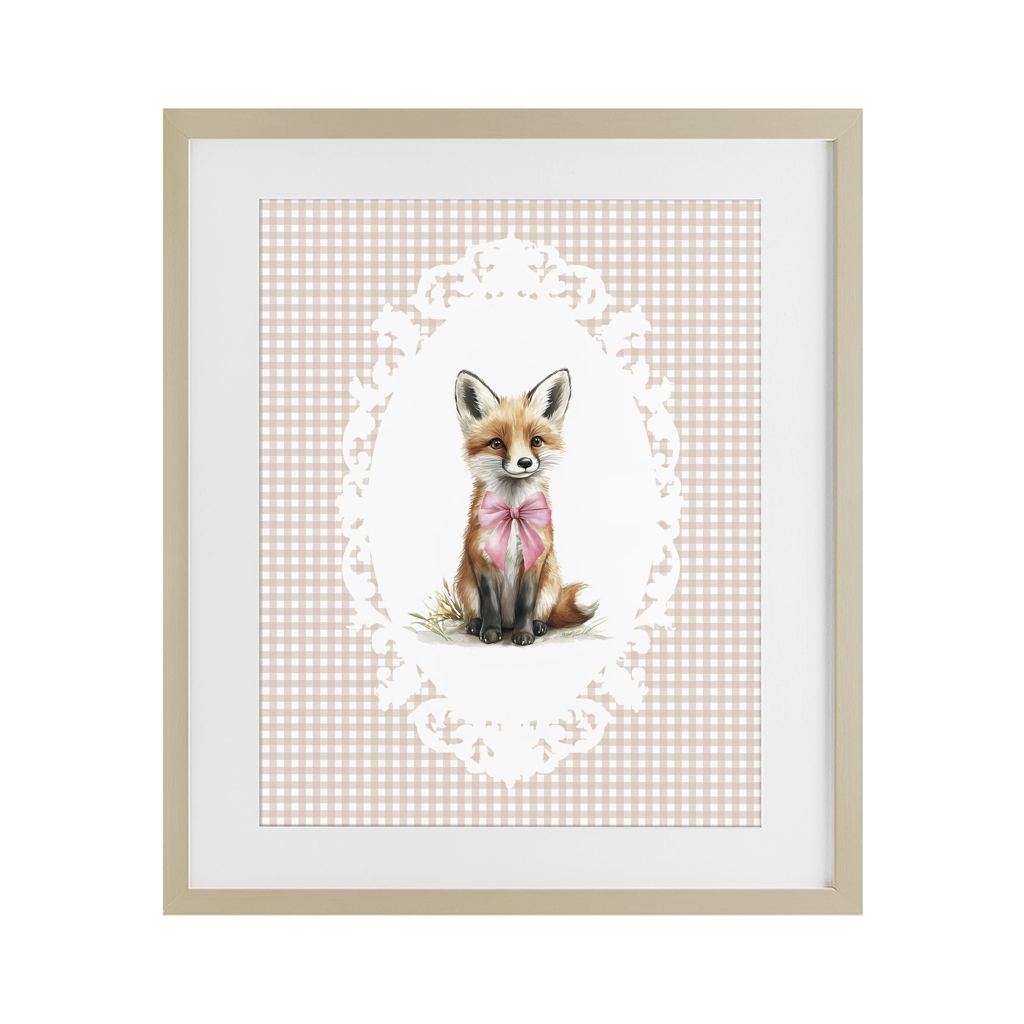 Stupell Industries Vintage Bow Fox on Gingham Birch Framed Print Under Glass, design by Christine Simpson Art