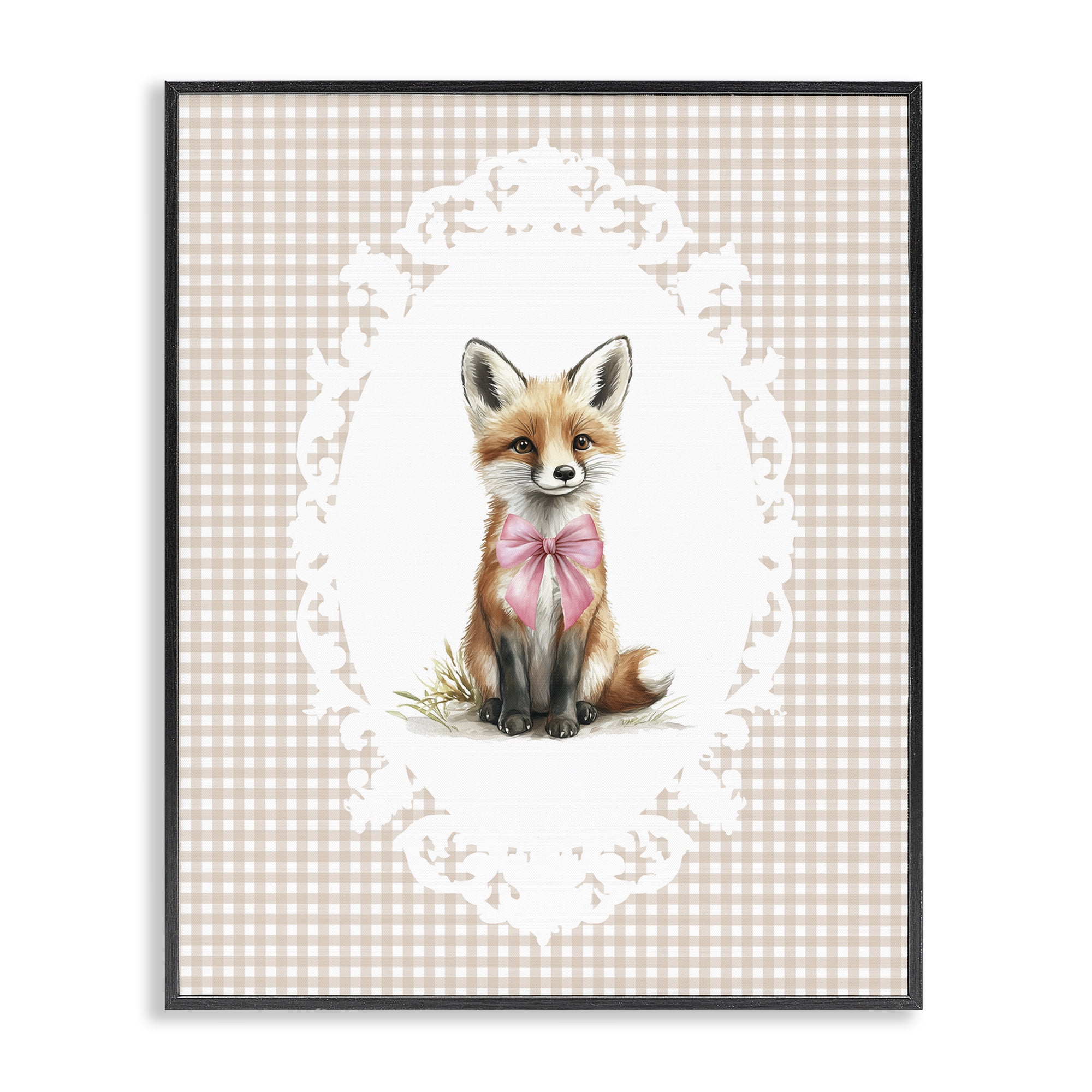 Stupell Industries Vintage Bow Fox on Gingham Black Framed Giclee Art, design by Christine Simpson Art