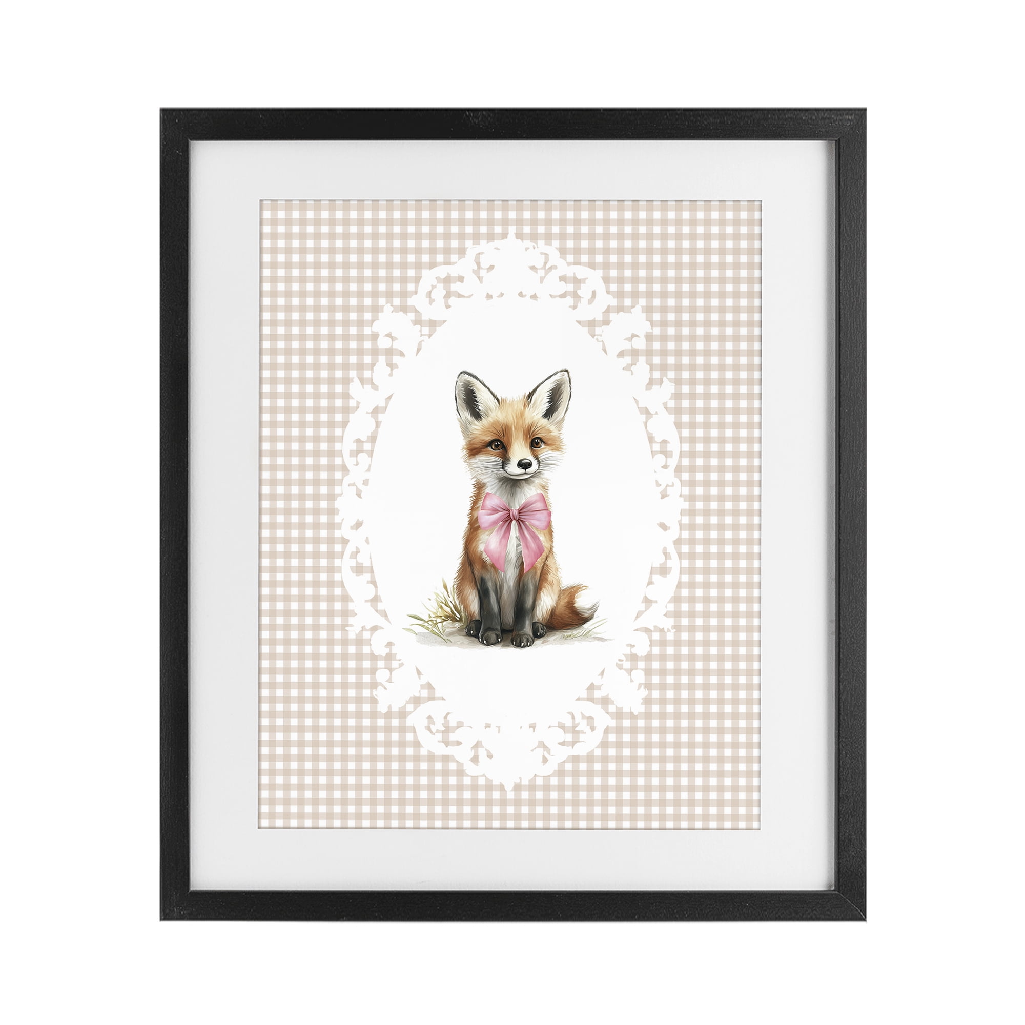 Stupell Industries Vintage Bow Fox on Gingham Black Framed Print Under Glass, design by Christine Simpson Art