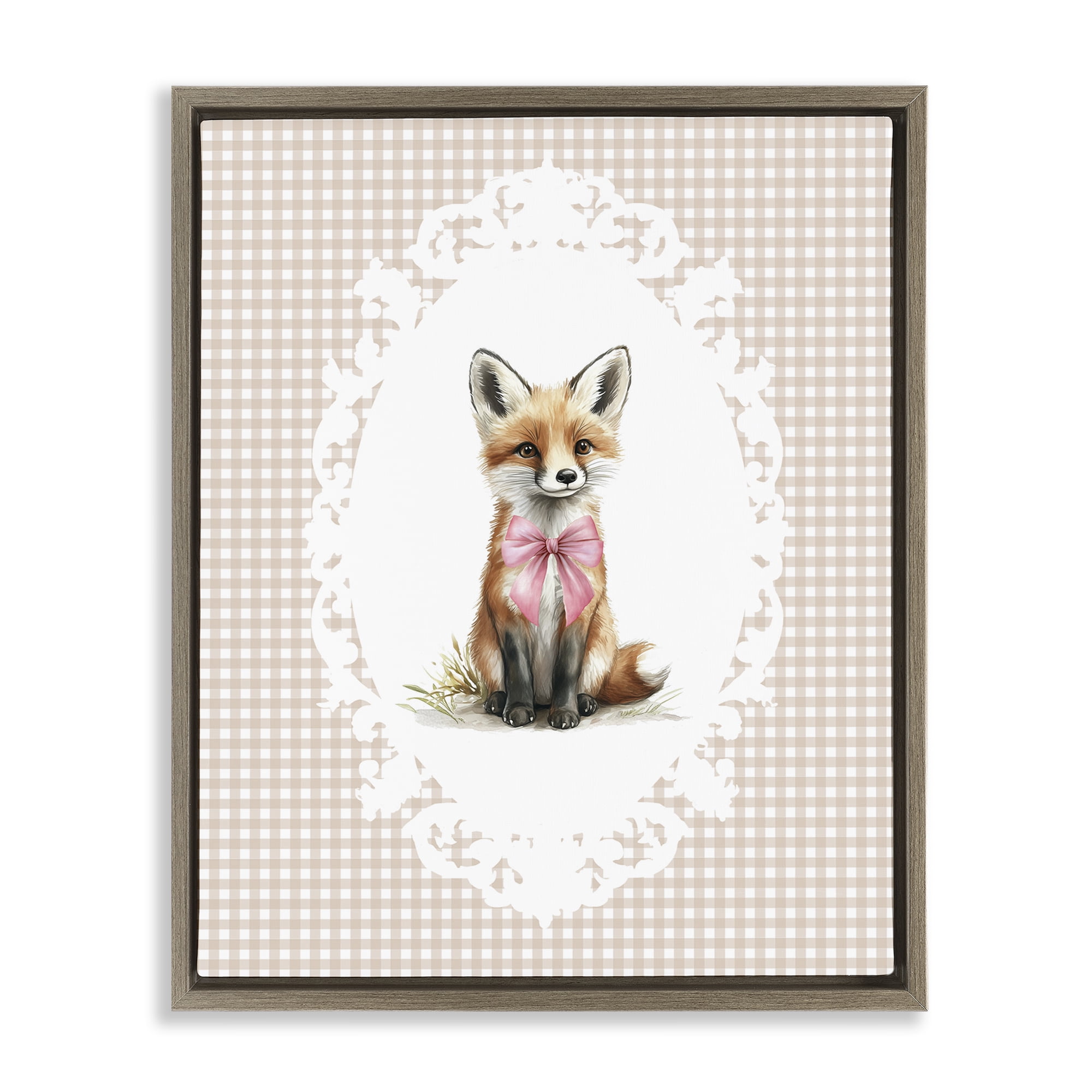 Stupell Industries Vintage Bow Fox on Gingham Brown Framed Floater Canvas Wall Art, design by Christine Simpson Art