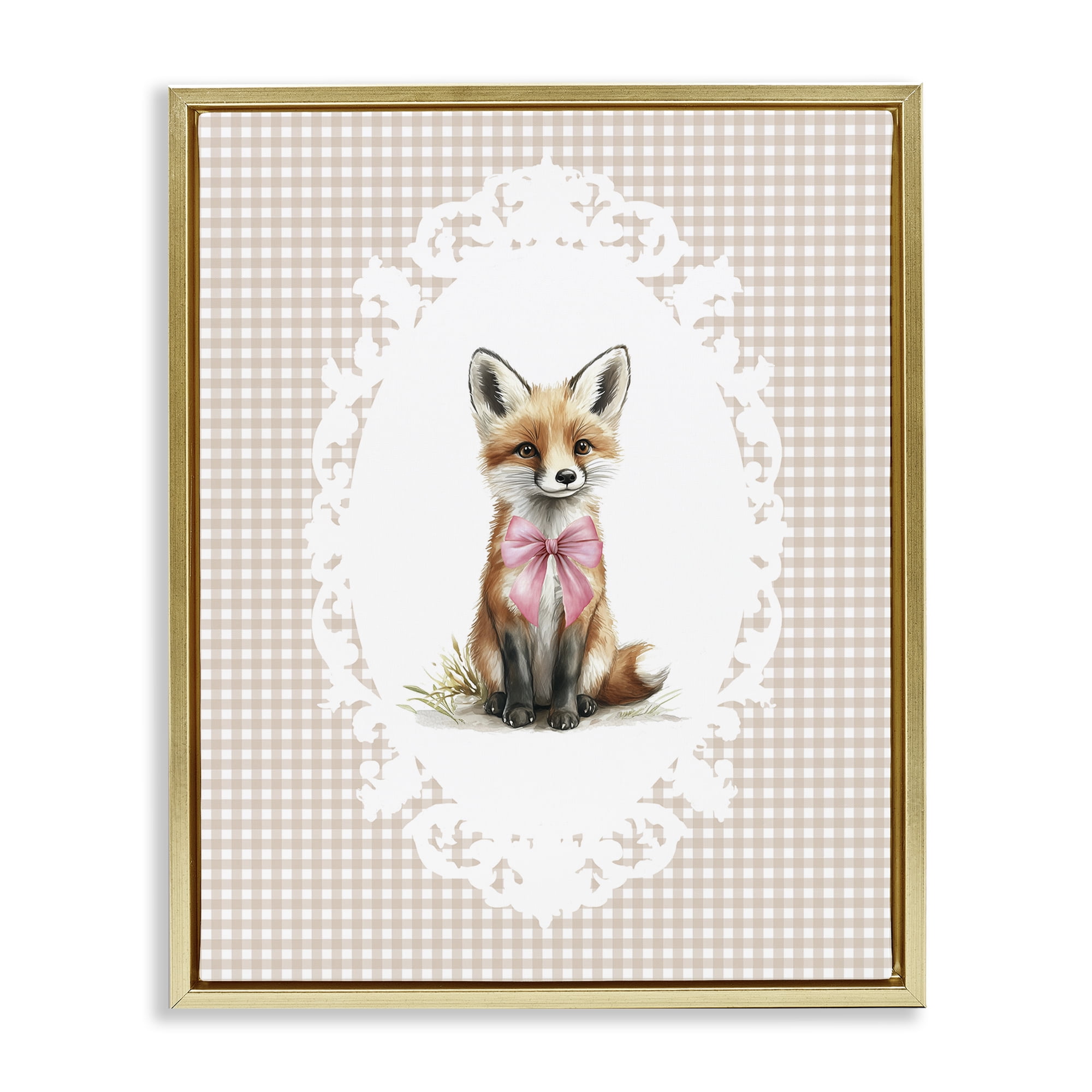 Stupell Industries Vintage Bow Fox on Gingham Gold Framed Floater Canvas Wall Art, design by Christine Simpson Art