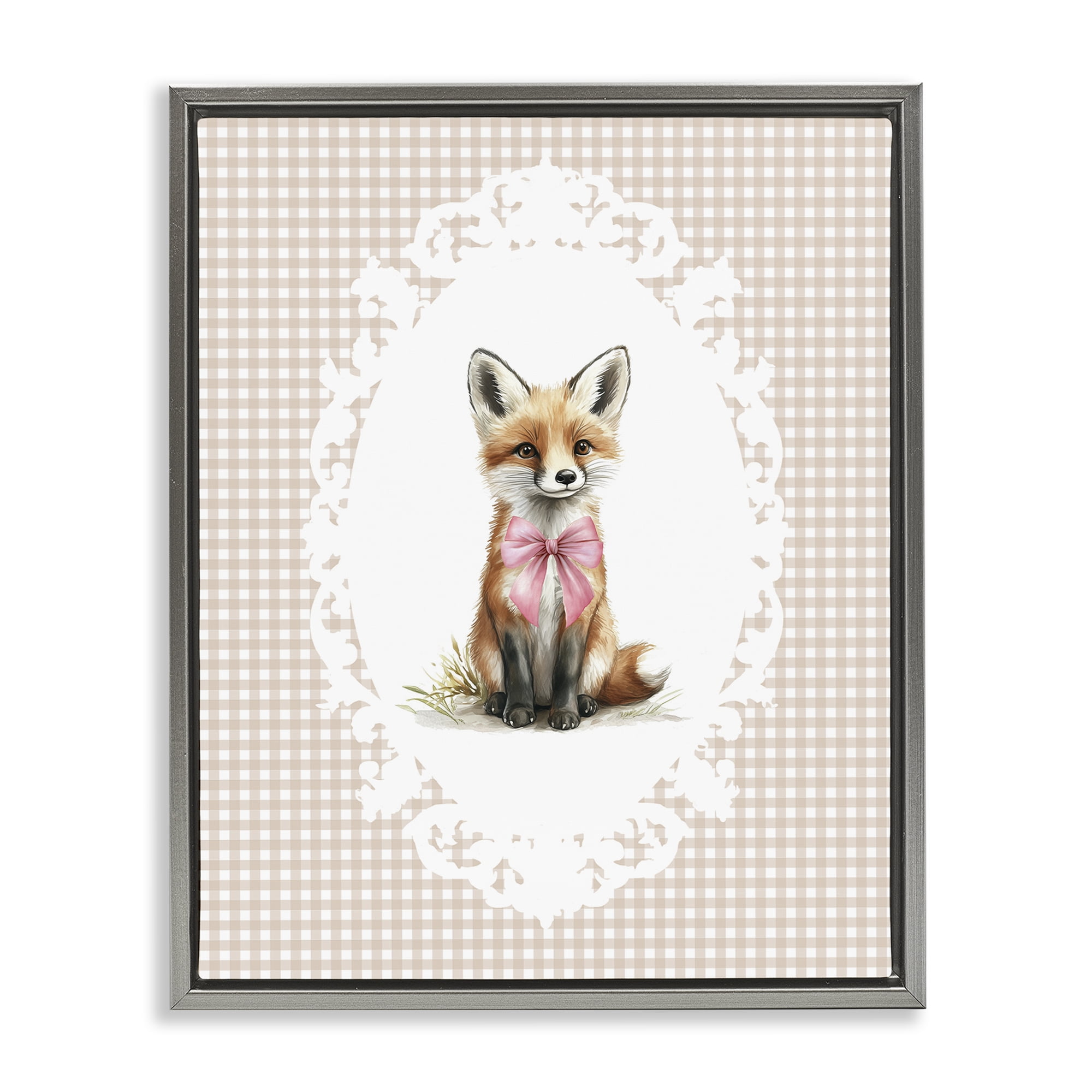 Stupell Industries Vintage Bow Fox on Gingham Gray Framed Floater Canvas Wall Art, design by Christine Simpson Art