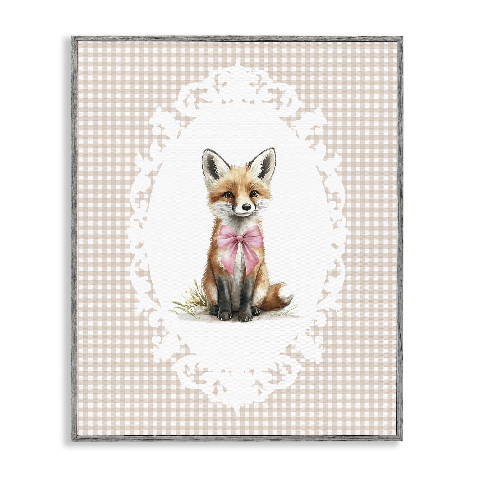 Stupell Industries Vintage Bow Fox on Gingham Gray Framed Giclee Art, design by Christine Simpson Art