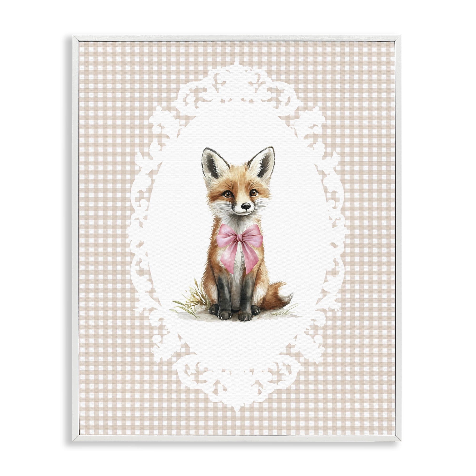 Stupell Industries Vintage Bow Fox on Gingham White Framed Giclee Art, design by Christine Simpson Art