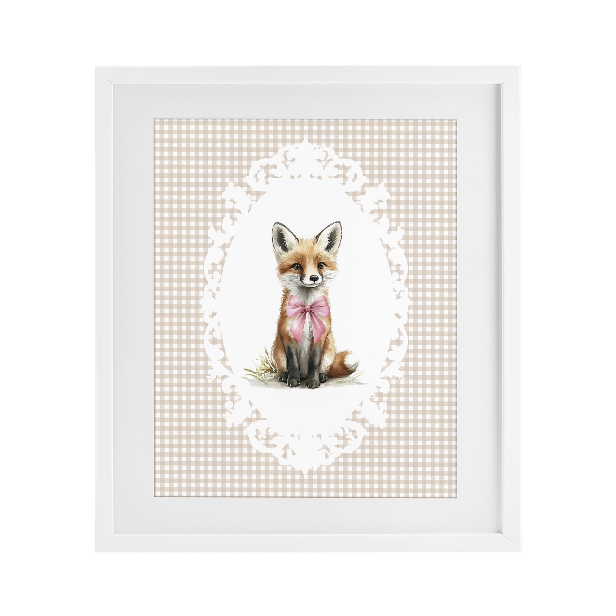 Stupell Industries Vintage Bow Fox on Gingham White Framed Print Under Glass, design by Christine Simpson Art