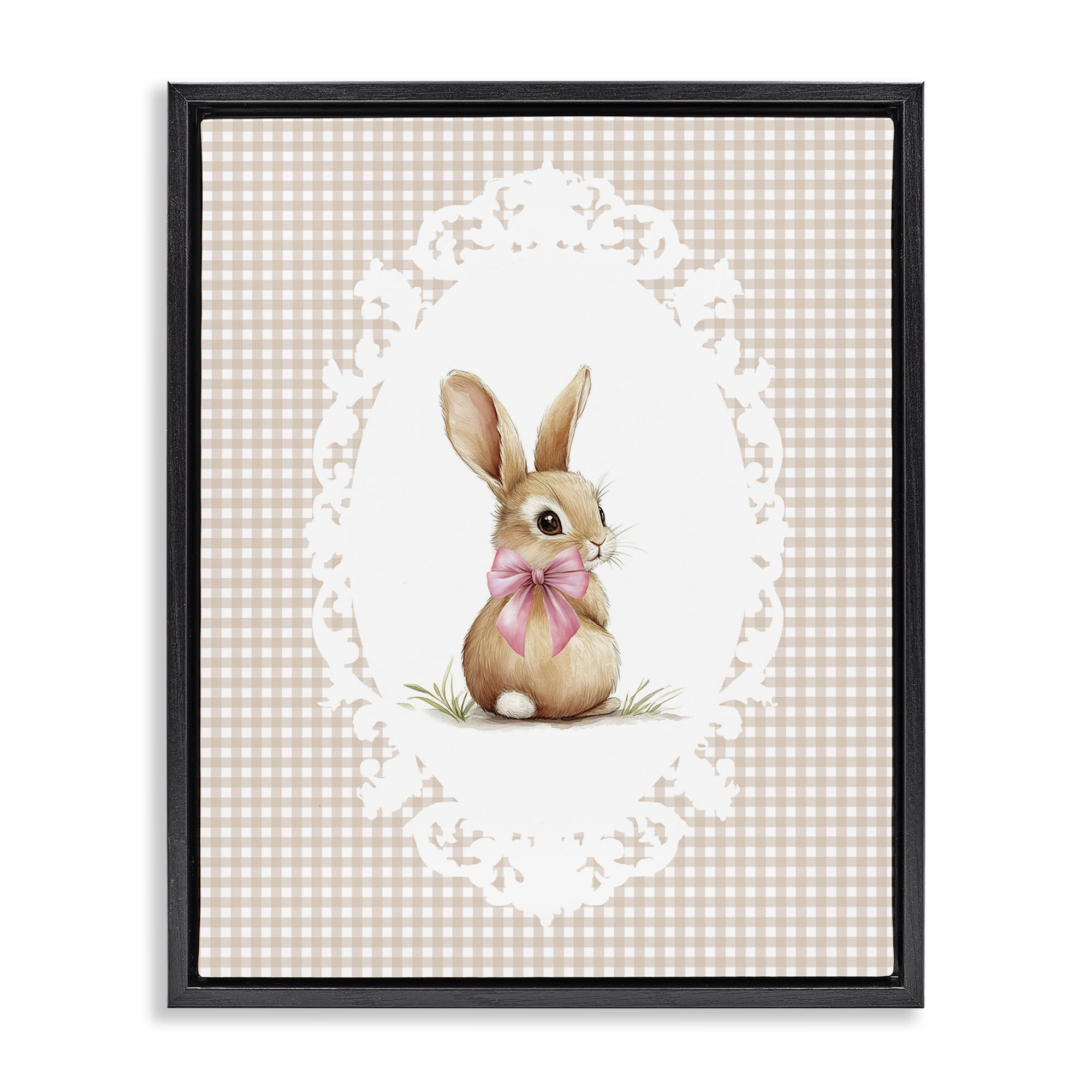 Stupell Industries Vintage Bow & Gingham Bunny Black Framed Floater Canvas Wall Art, design by Christine Simpson Art