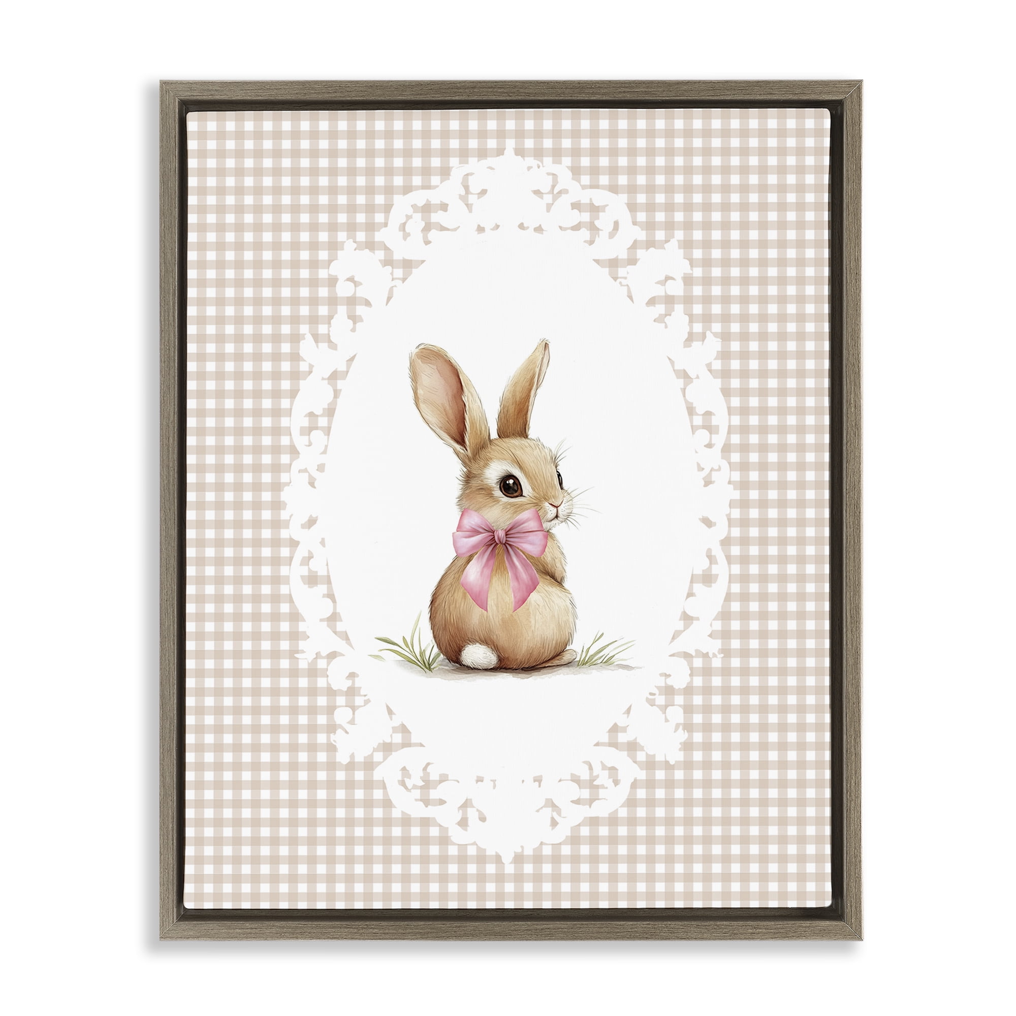 Stupell Industries Vintage Bow & Gingham Bunny Brown Framed Floater Canvas Wall Art, design by Christine Simpson Art