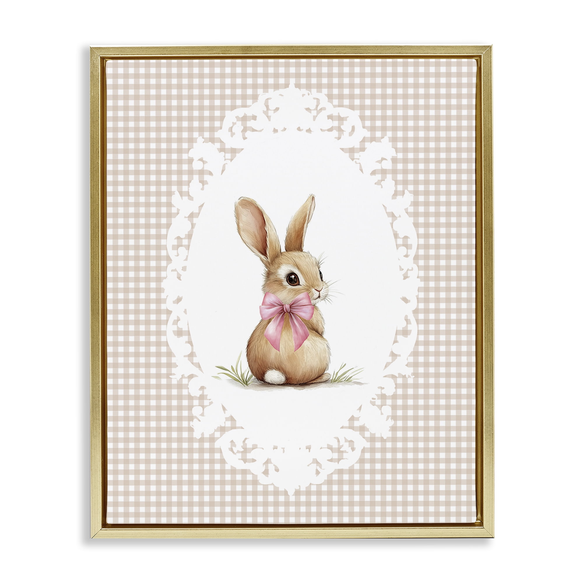 Stupell Industries Vintage Bow & Gingham Bunny Gold Framed Floater Canvas Wall Art, design by Christine Simpson Art