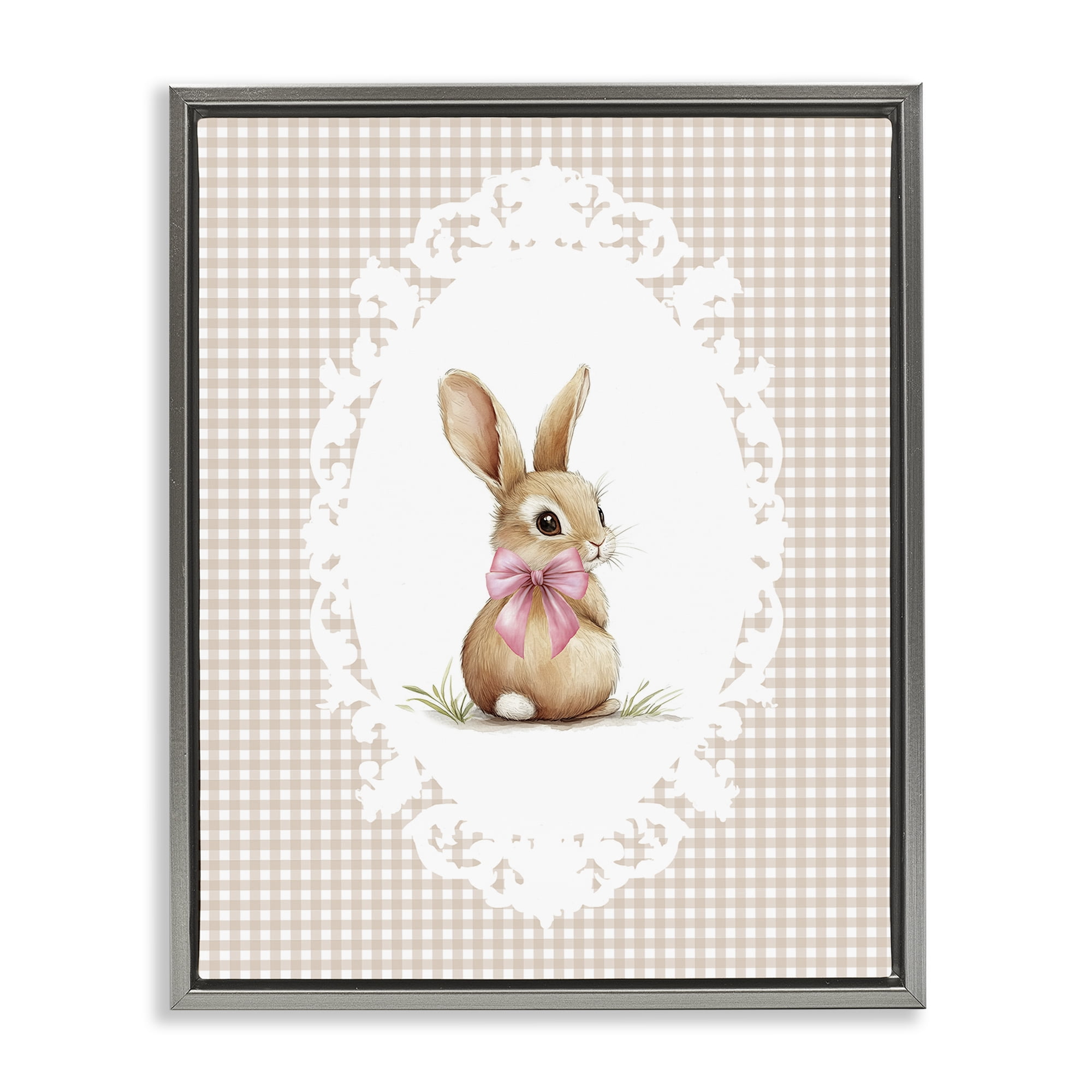 Stupell Industries Vintage Bow & Gingham Bunny Gray Framed Floater Canvas Wall Art, design by Christine Simpson Art