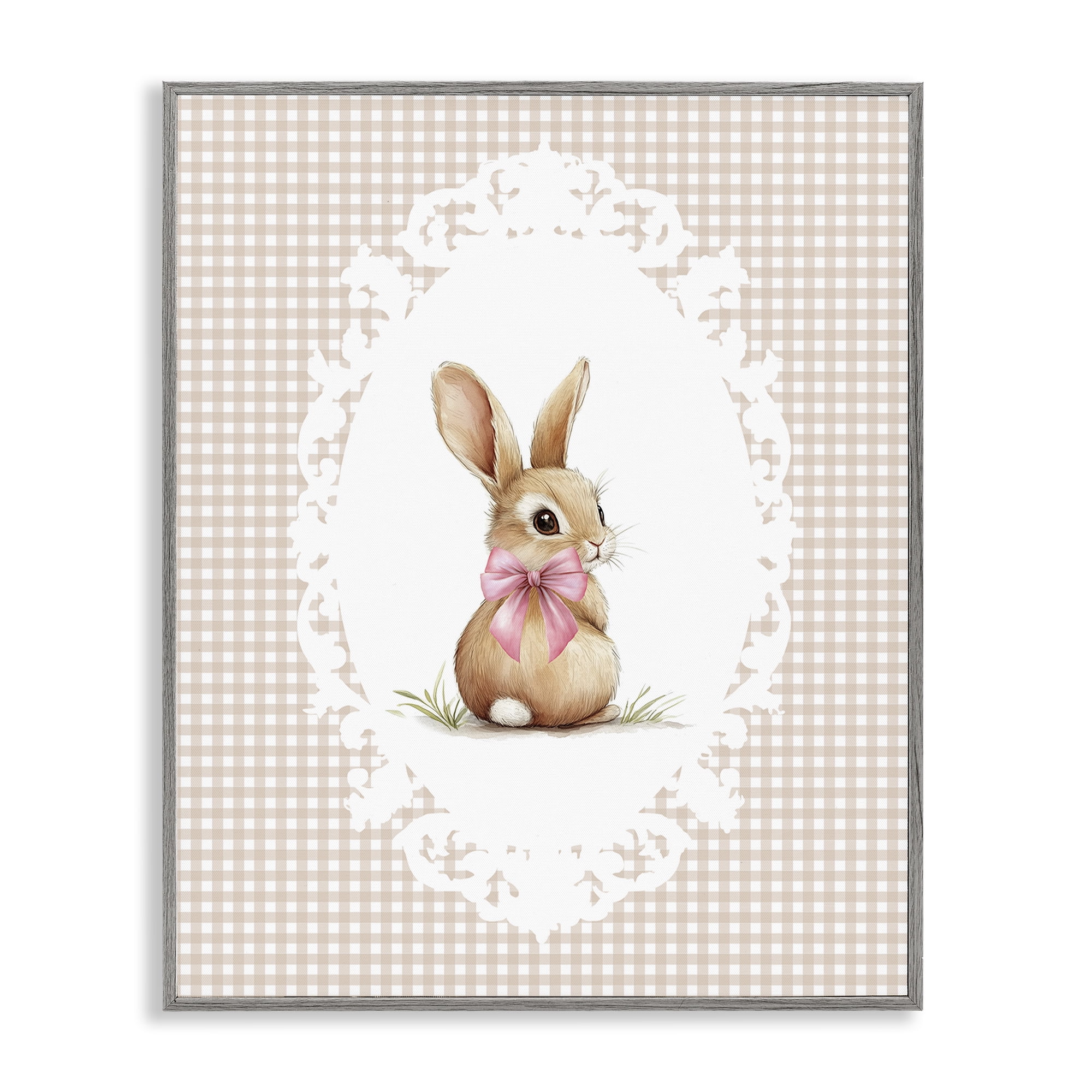 Stupell Industries Vintage Bow & Gingham Bunny Gray Framed Giclee Art, design by Christine Simpson Art