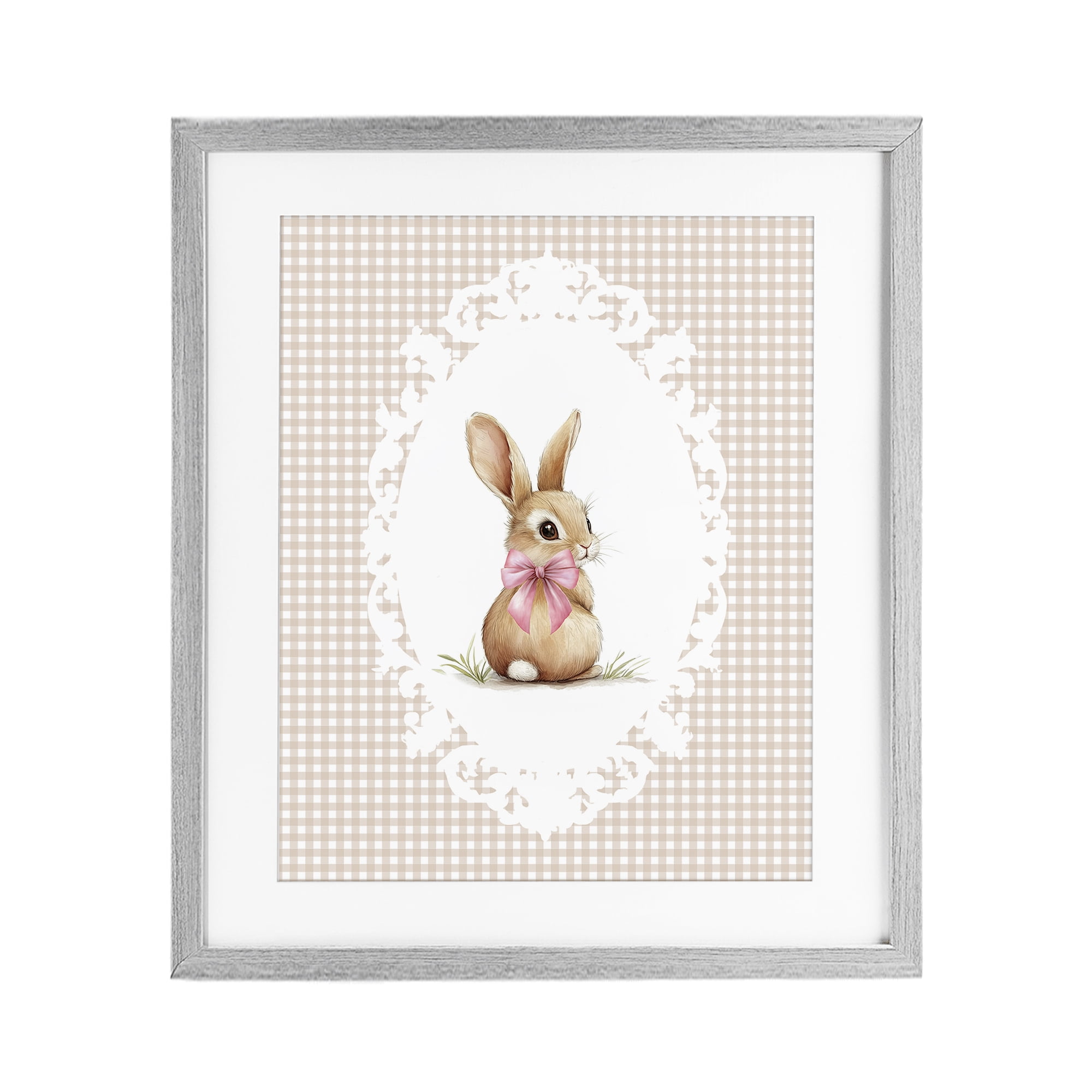 Stupell Industries Vintage Bow & Gingham Bunny Gray Framed Print Under Glass, design by Christine Simpson Art